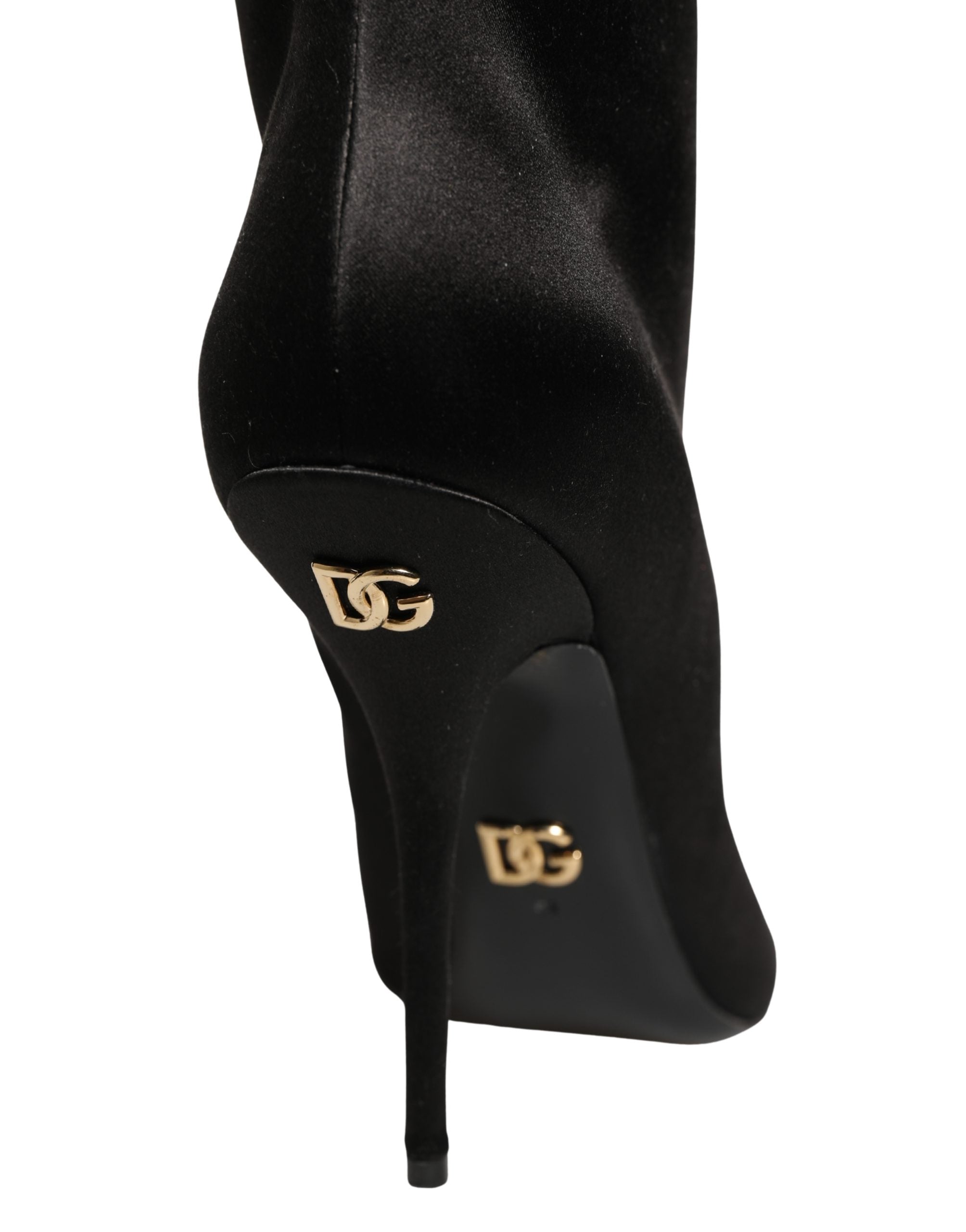 Dolce & Gabbana Black Satin Knee High Stiletto Boots Women's Shoes