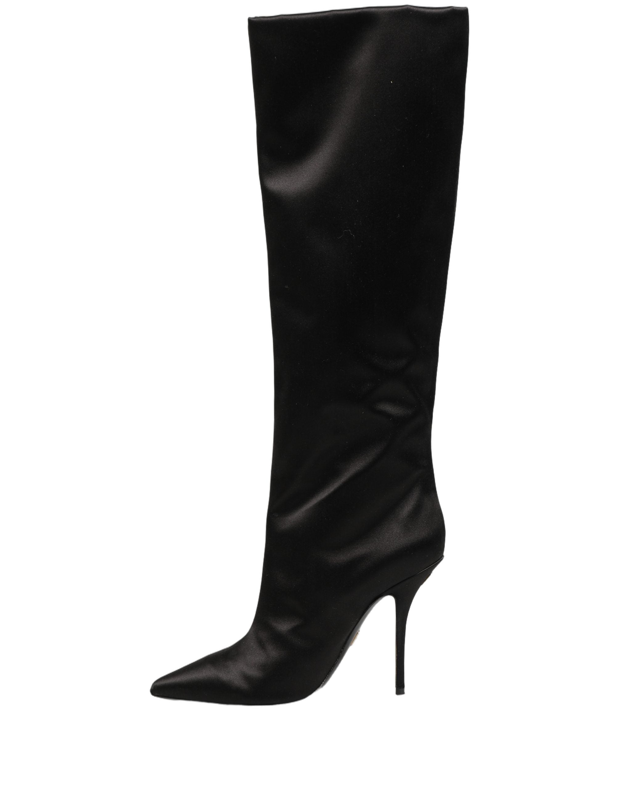 Dolce & Gabbana Black Satin Knee High Stiletto Boots Women's Shoes