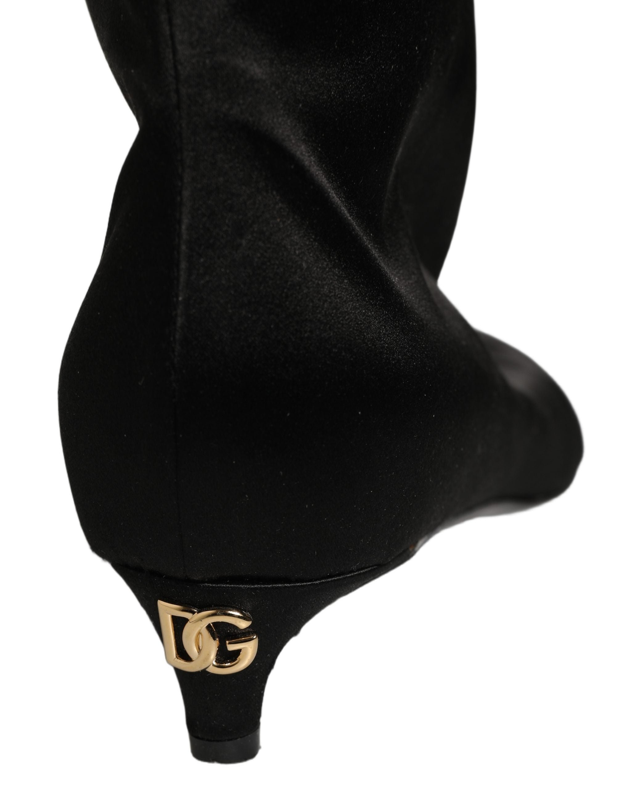 Dolce & Gabbana Black Satin Knee High Kitten Boots Women's Shoes (Pre-Owned)