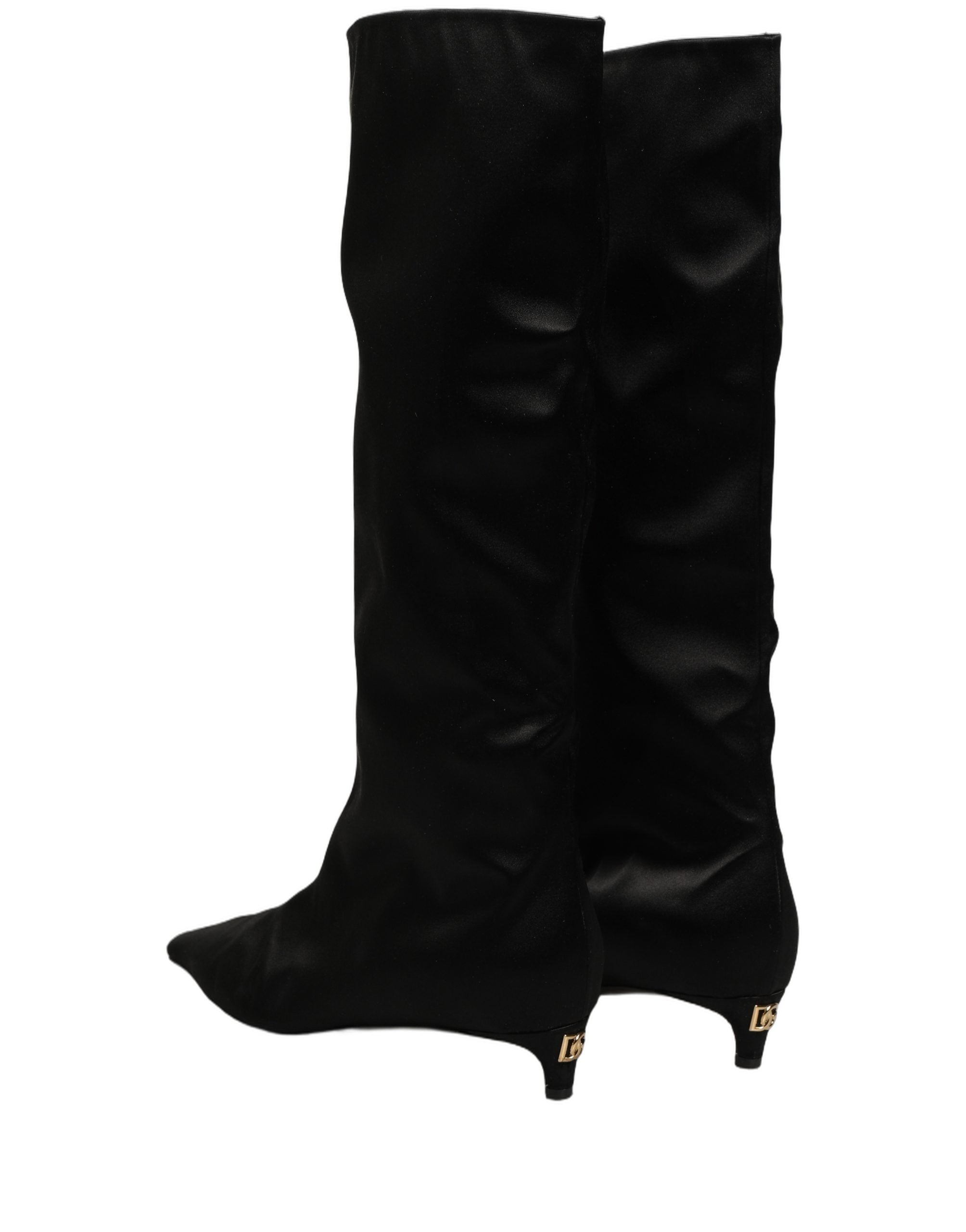 Dolce & Gabbana Black Satin Knee High Kitten Boots Women's Shoes (Pre-Owned)