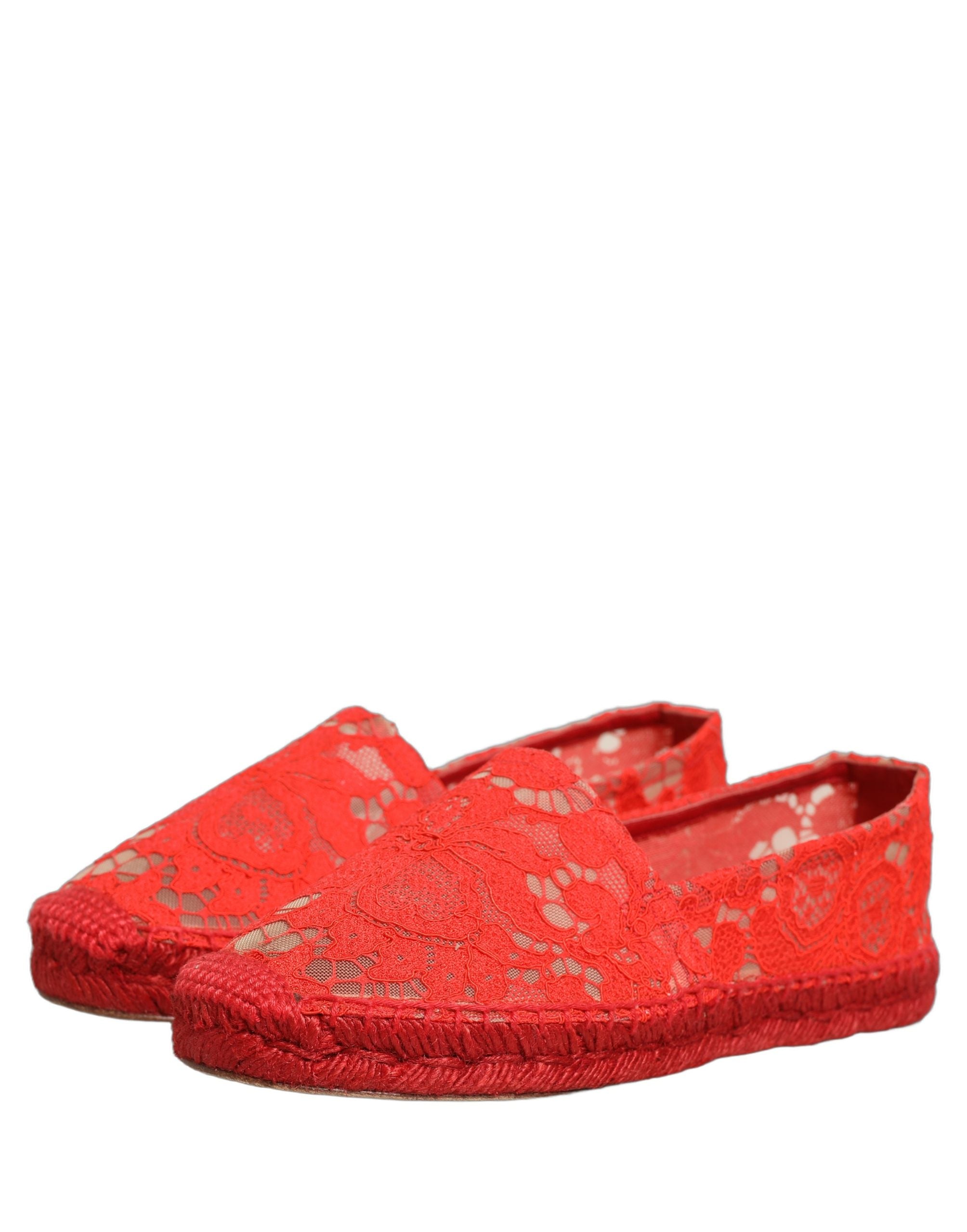 Dolce & Gabbana Red Taormina Lace Espadrille Flats Women's Shoes