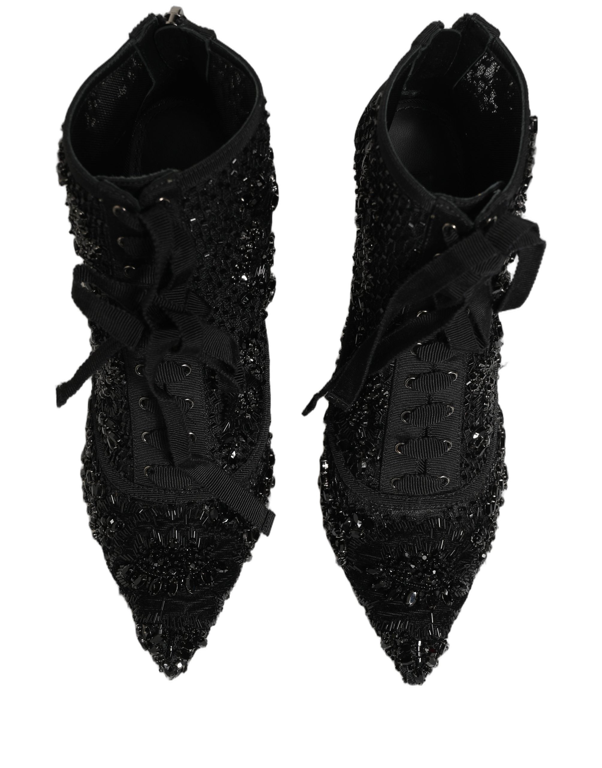 Dolce & Gabbana Black Embellished Mesh Ankle Boots Women's Shoes