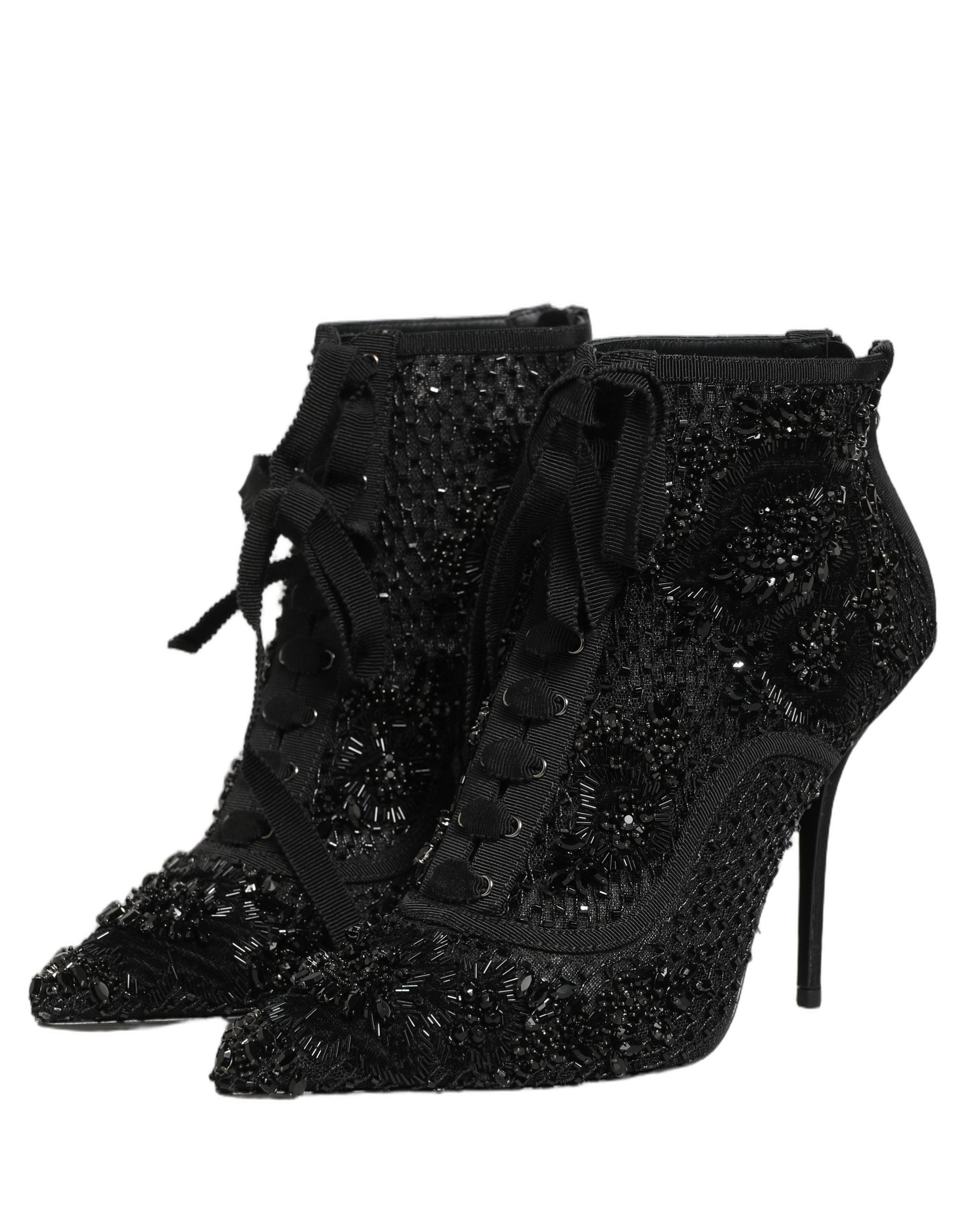 Dolce & Gabbana Black Embellished Mesh Ankle Boots Women's Shoes