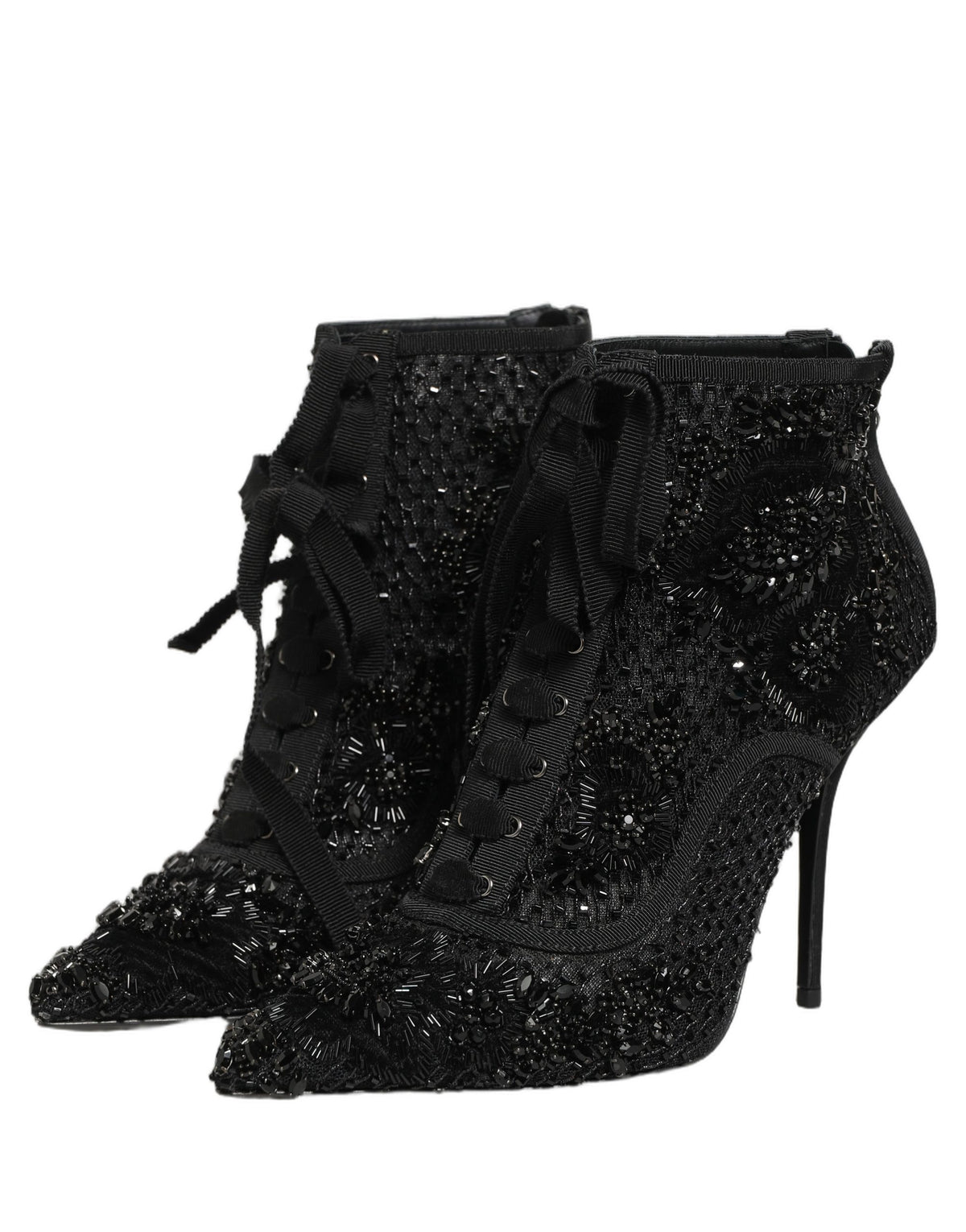 Dolce & Gabbana Black Embellished Mesh Ankle Boots Women's Shoes