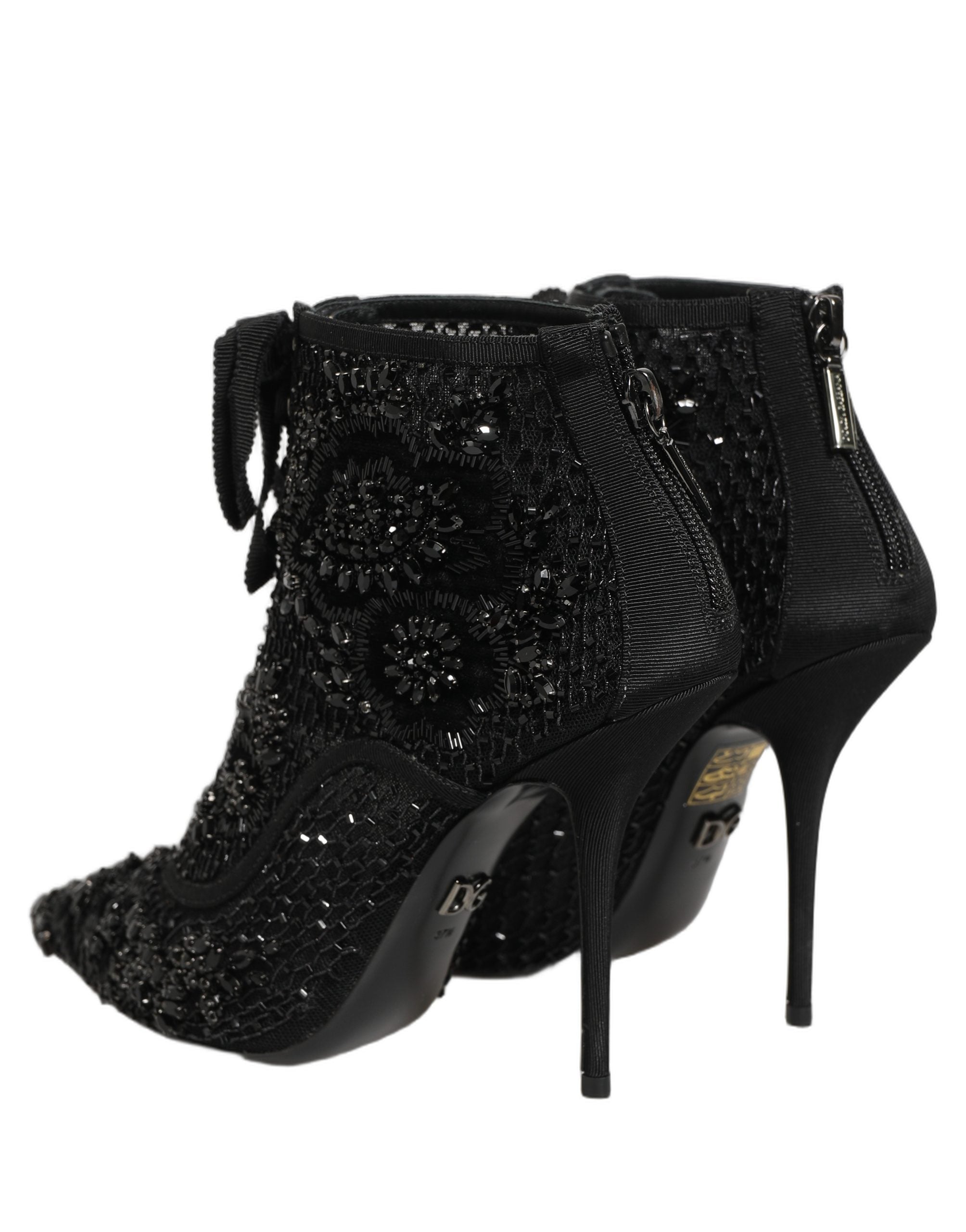 Dolce & Gabbana Black Embellished Mesh Ankle Boots Women's Shoes