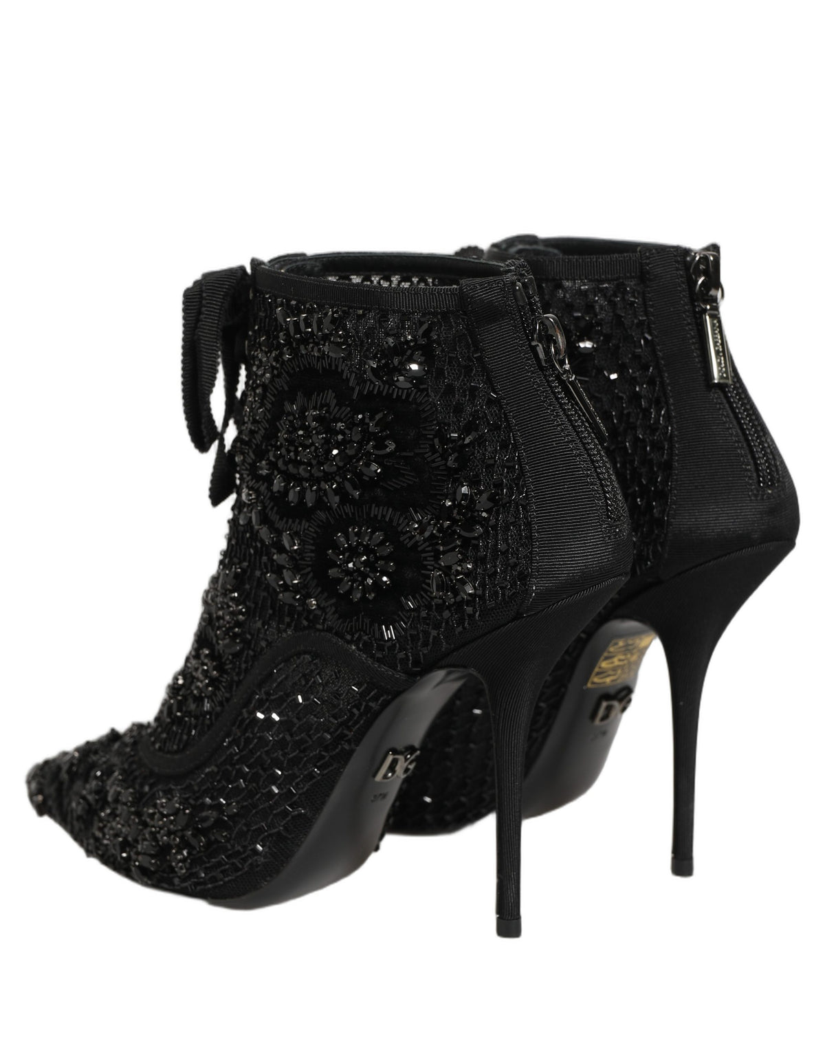 Dolce & Gabbana Black Embellished Mesh Ankle Boots Women's Shoes