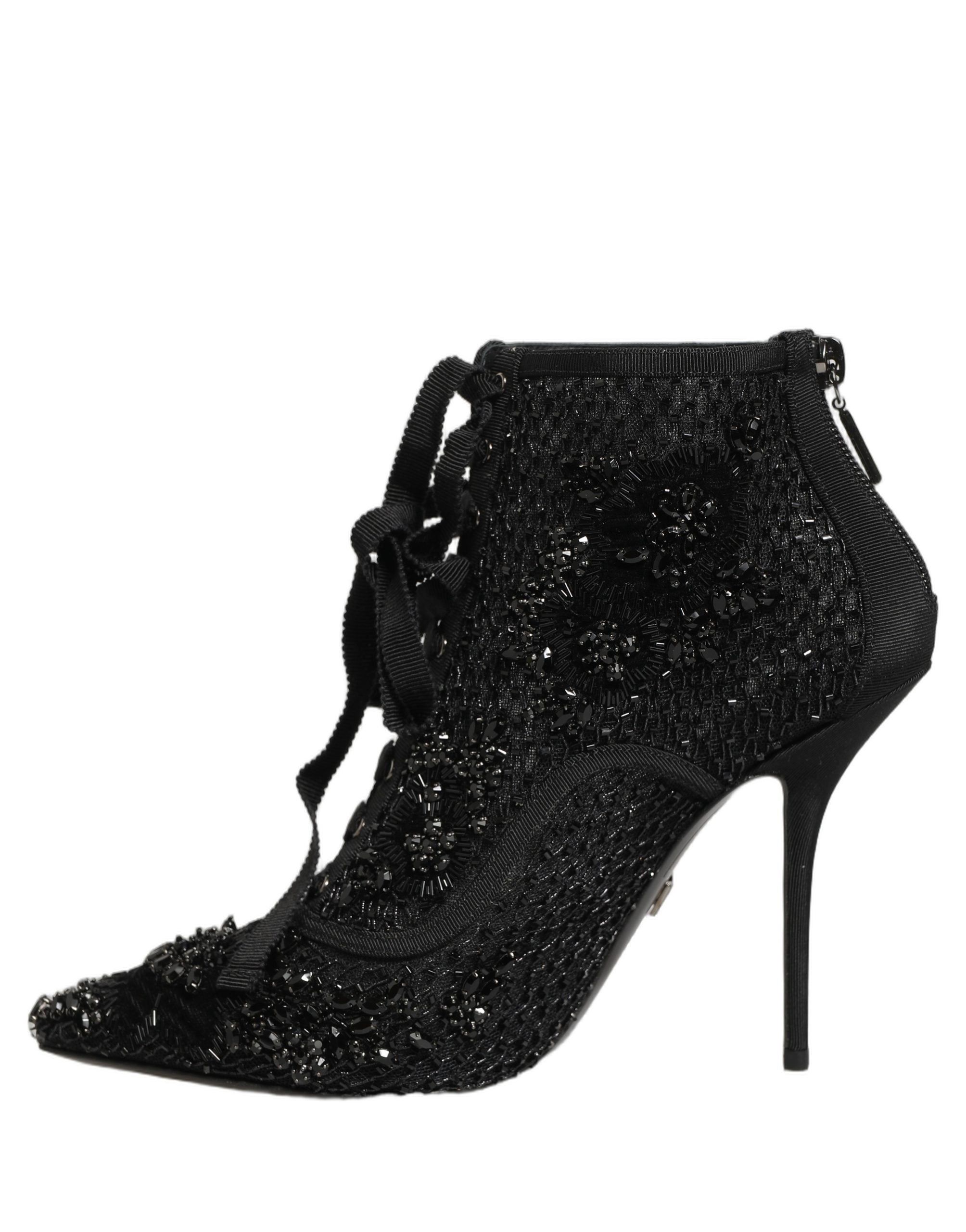 Dolce & Gabbana Black Embellished Mesh Ankle Boots Women's Shoes