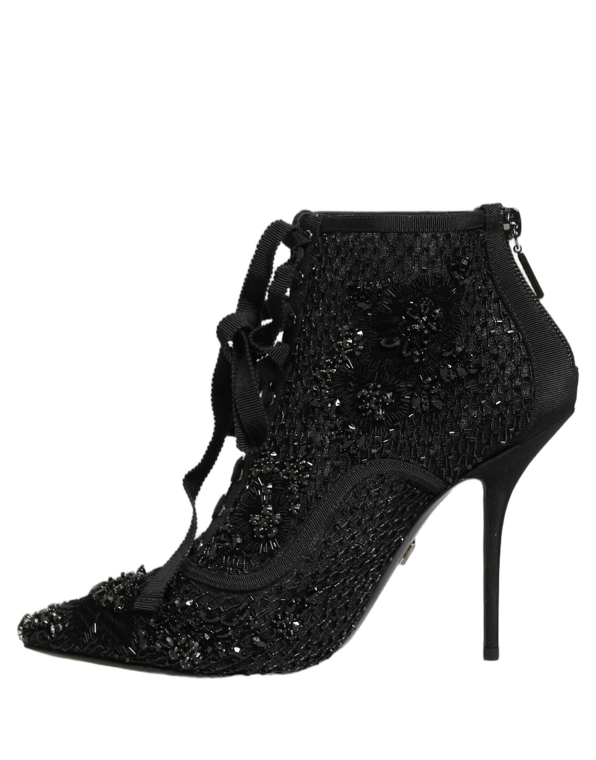 Dolce & Gabbana Black Embellished Mesh Ankle Boots Women's Shoes
