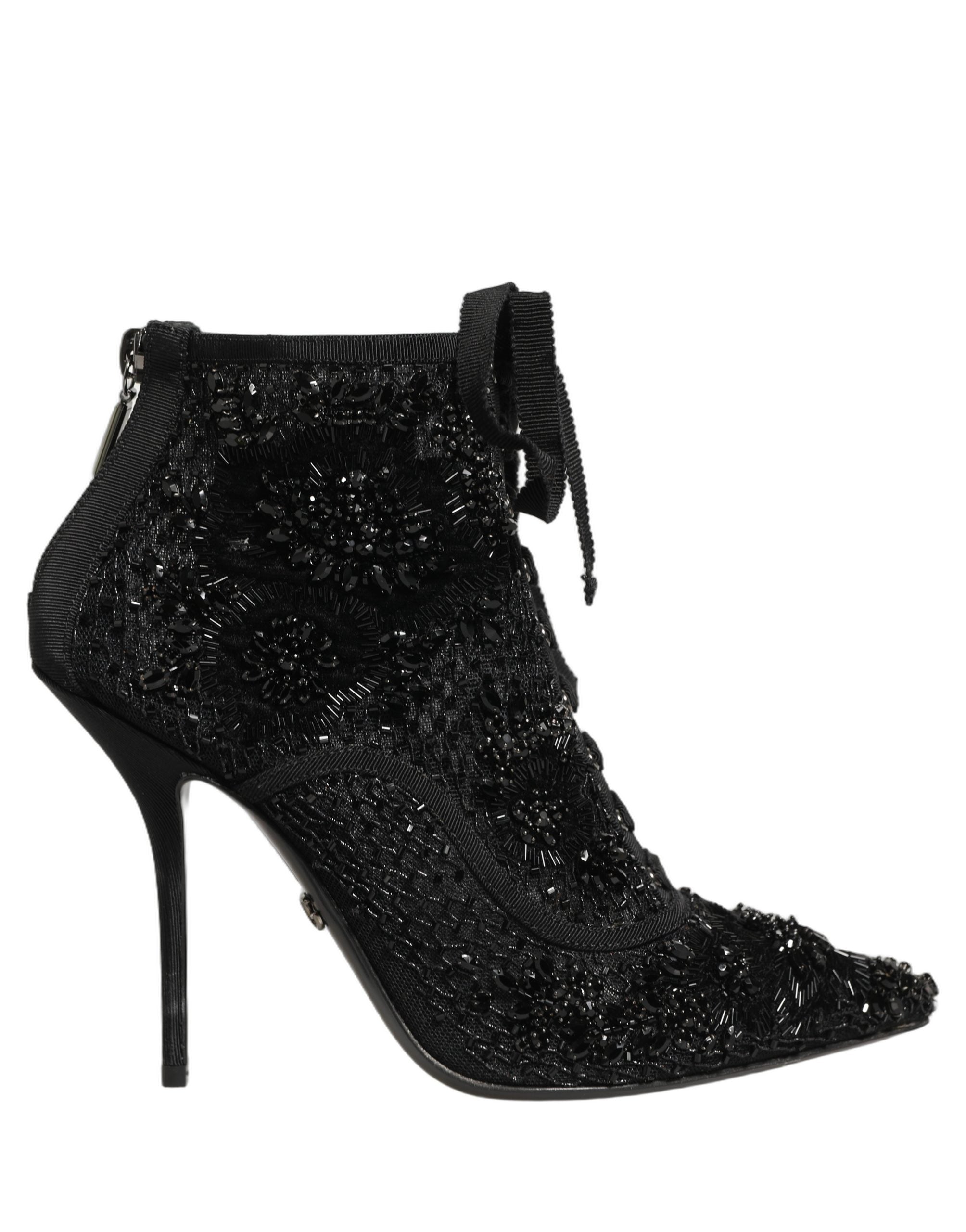 Dolce & Gabbana Black Embellished Mesh Ankle Boots Women's Shoes