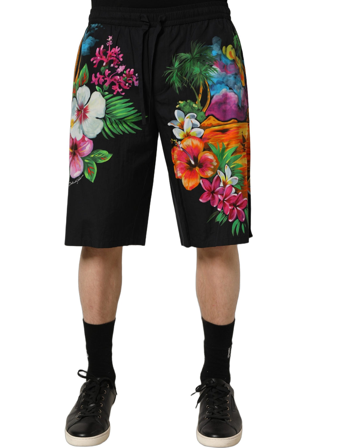 Dolce & Gabbana Black Cotton Tropical Floral Bermuda Men's Shorts