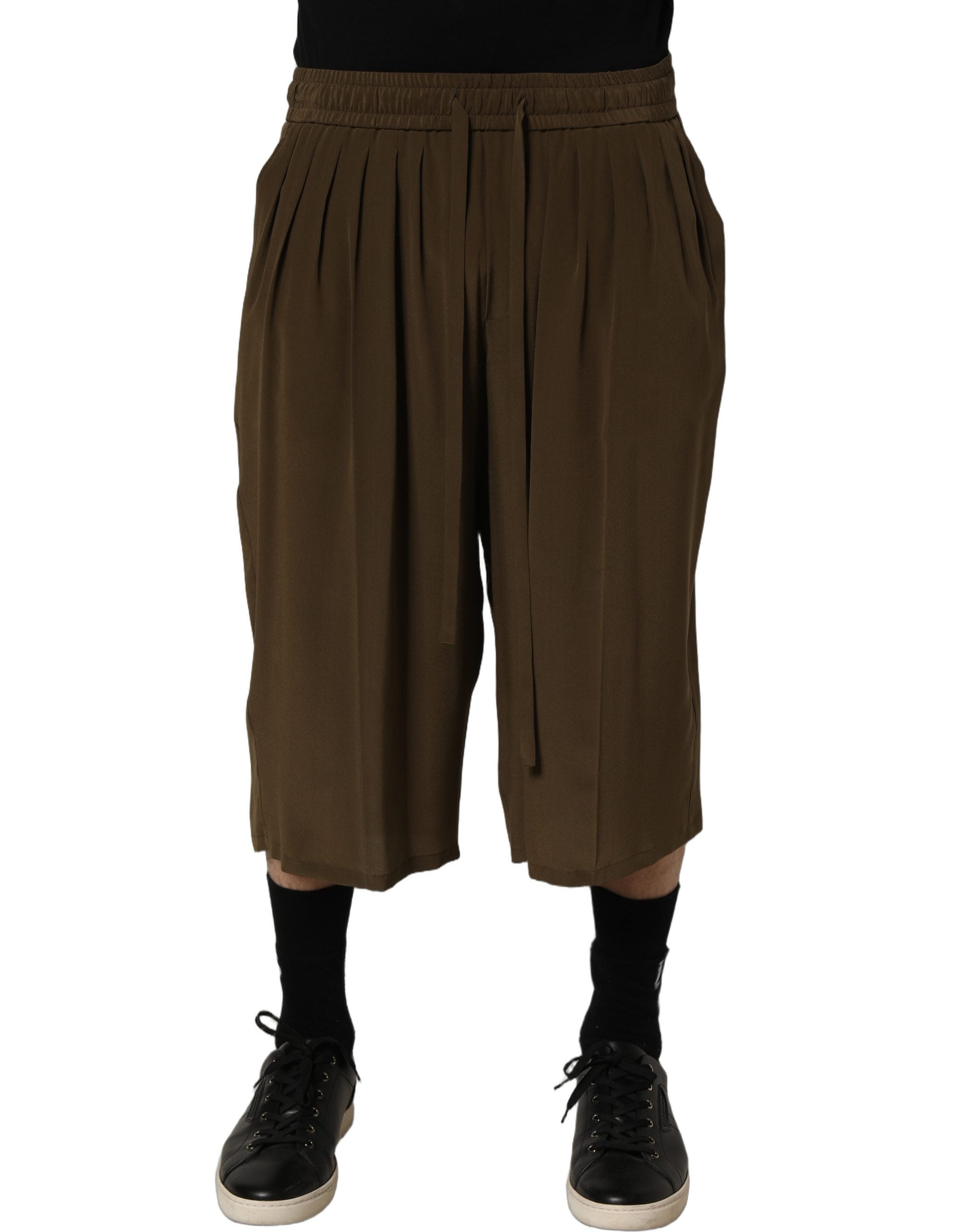 Dolce & Gabbana Brown Silk Mid Waist Pleated Bermuda Men's Shorts