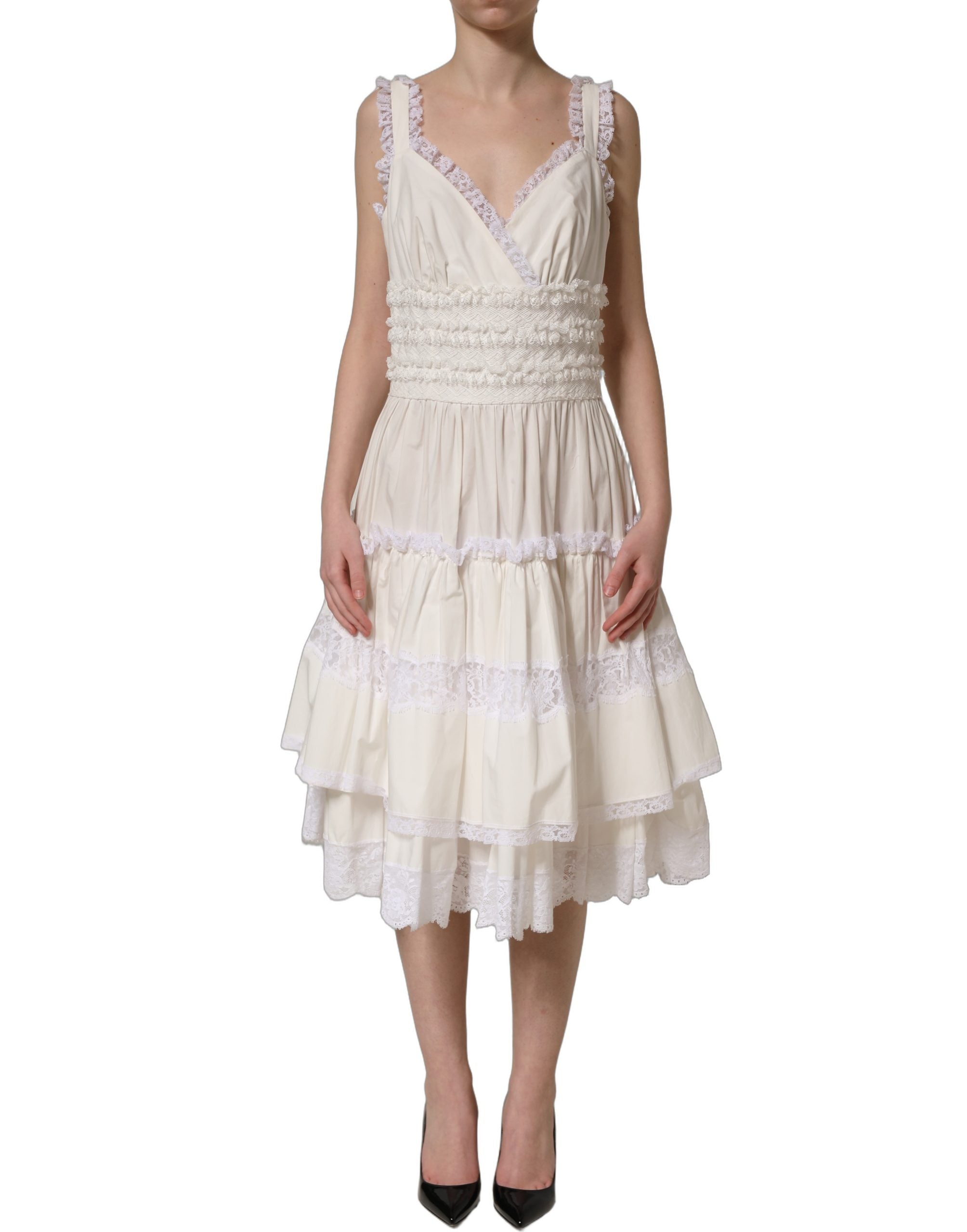 Dolce & Gabbana White Cotton Poplin Ruffled Midi Women's Dress