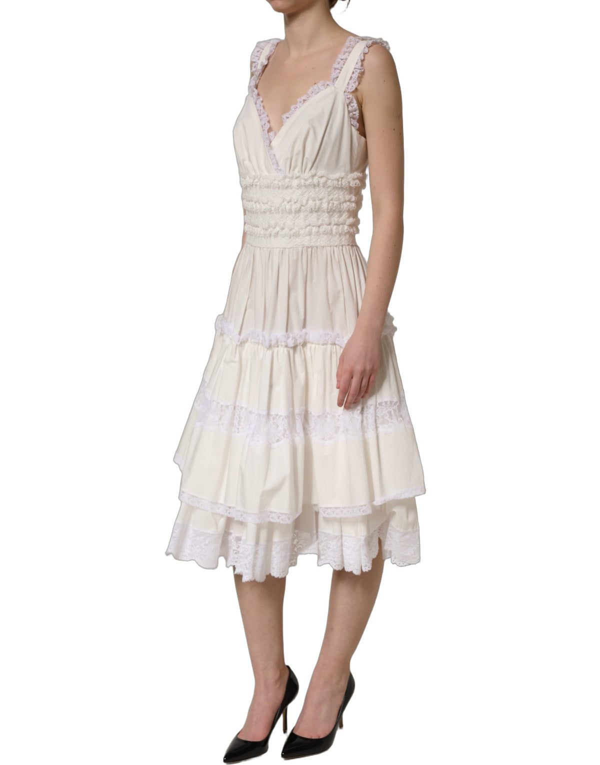 Dolce & Gabbana White Cotton Poplin Ruffled Midi Women's Dress