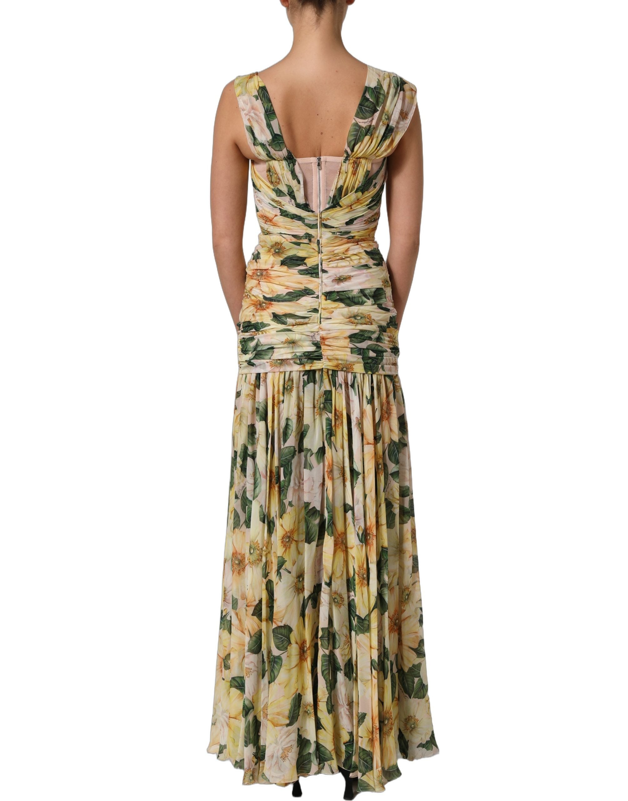 Dolce & Gabbana Yellow Floral Print Silk Pleated Maxi Women's Dress (Pre-Owned)