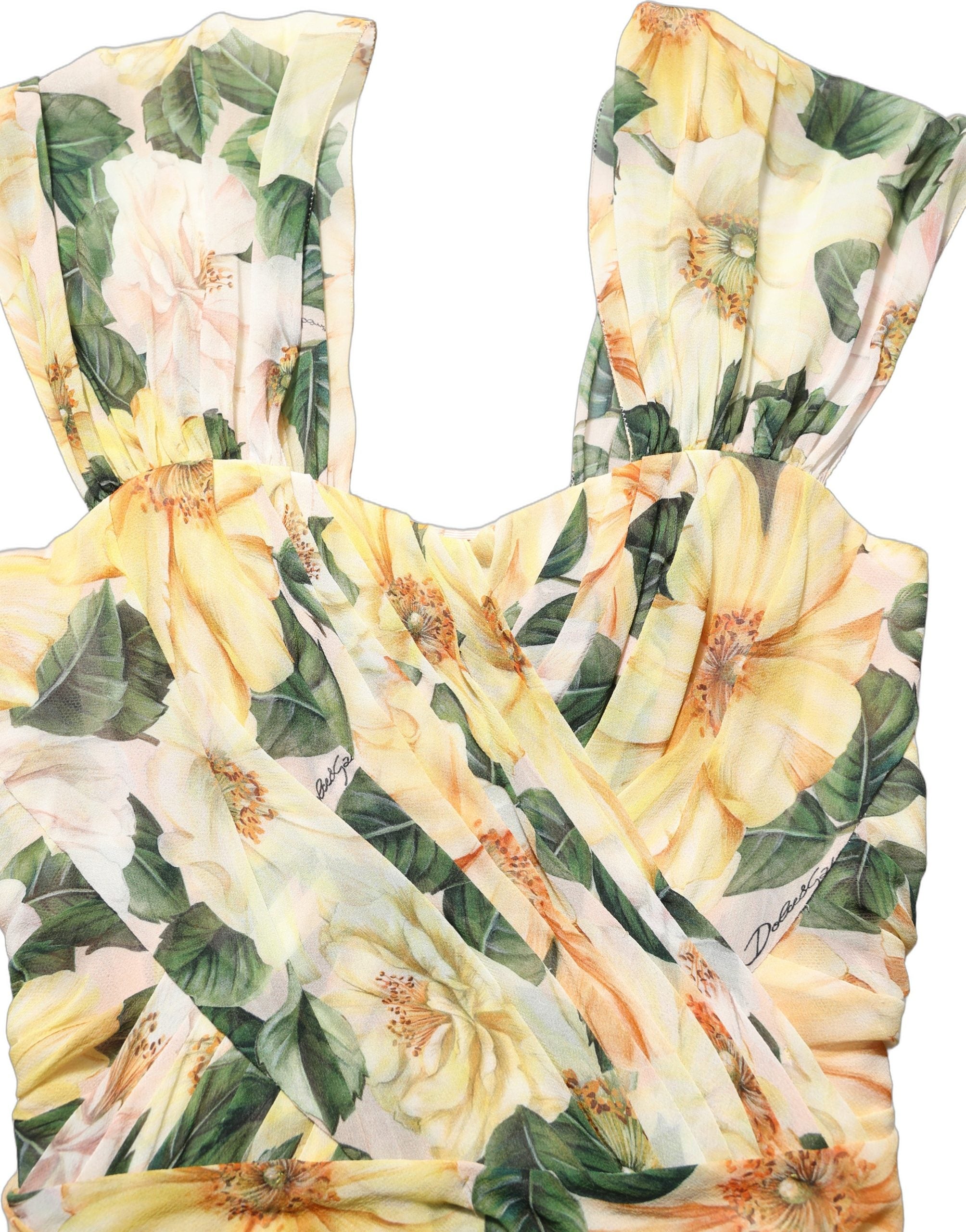 Dolce & Gabbana Yellow Floral Print Silk Pleated Maxi Women's Dress (Pre-Owned)