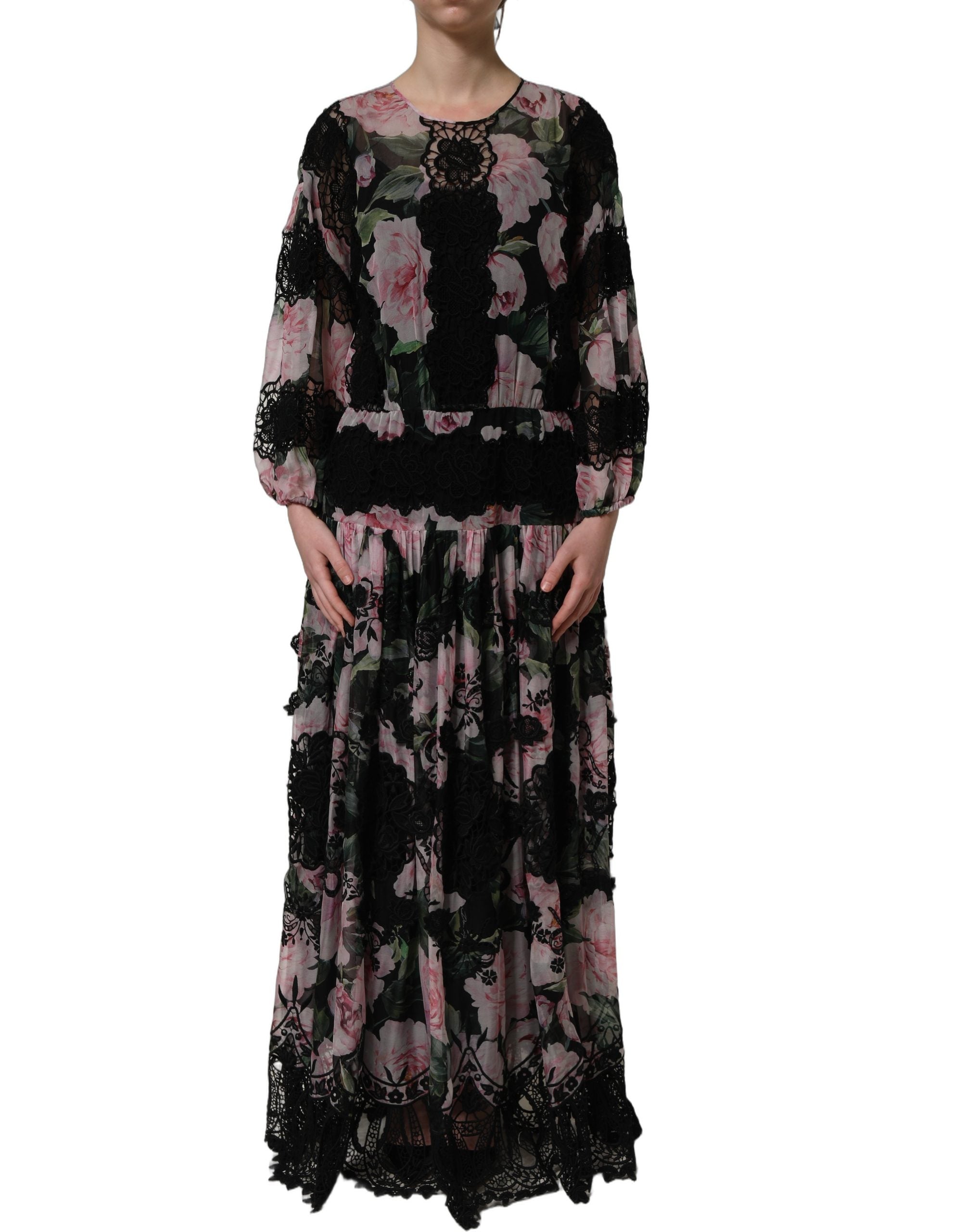 Dolce & Gabbana Black Floral Print Cotton Lace Maxi Women's Dress (Pre-Owned)