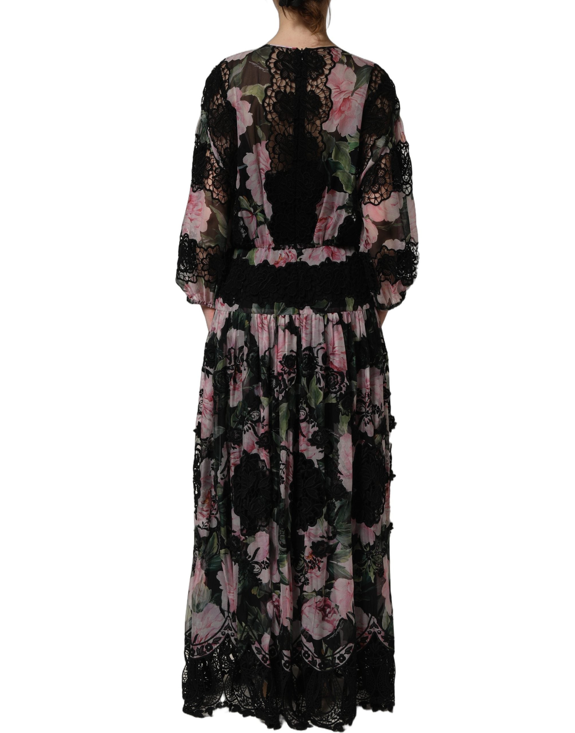 Dolce & Gabbana Black Floral Print Cotton Lace Maxi Women's Dress (Pre-Owned)