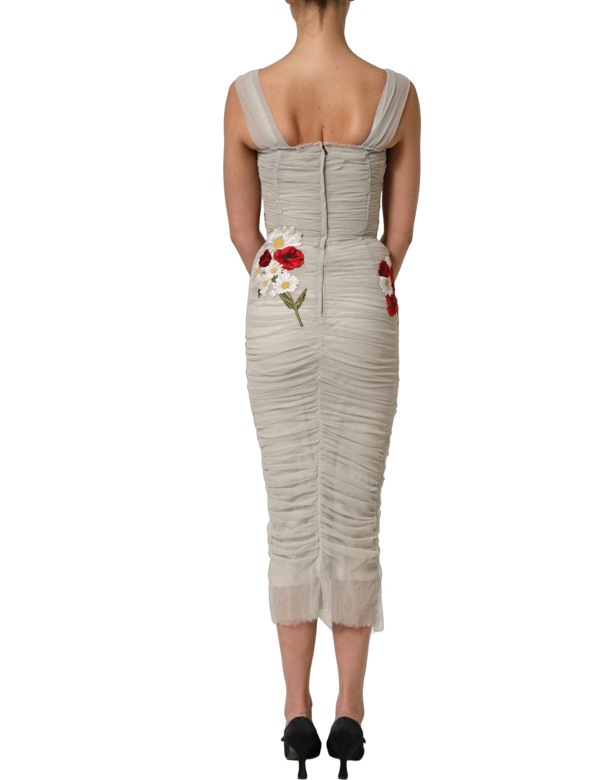 Dolce & Gabbana Light Gray Rose Embroidery Sheath Midi Women's Dress (Pre-Owned)