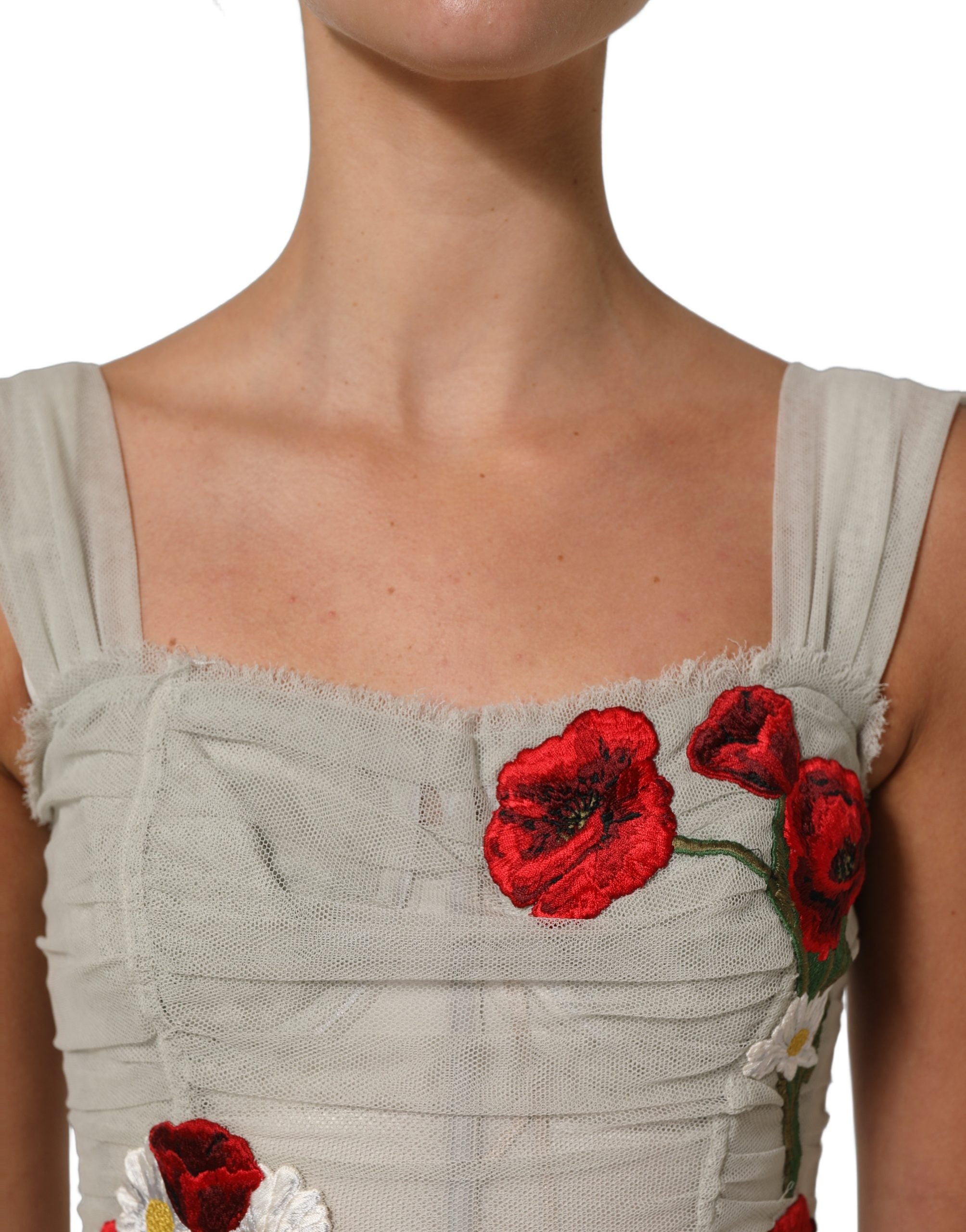 Dolce & Gabbana Light Gray Rose Embroidery Sheath Midi Women's Dress (Pre-Owned)