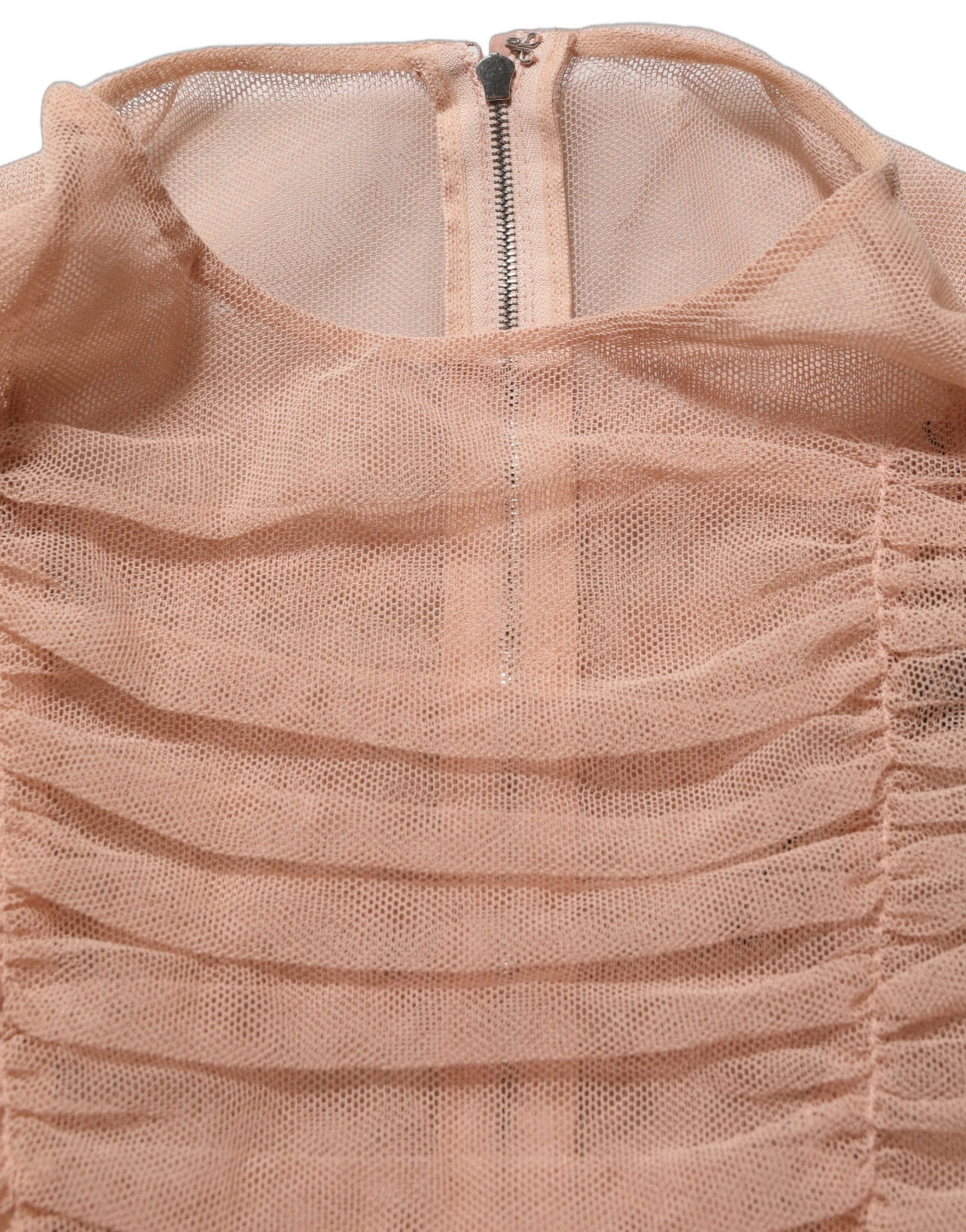 Dolce & Gabbana Beige Cotton Mesh Ruched Sheath Midi Women's Dress