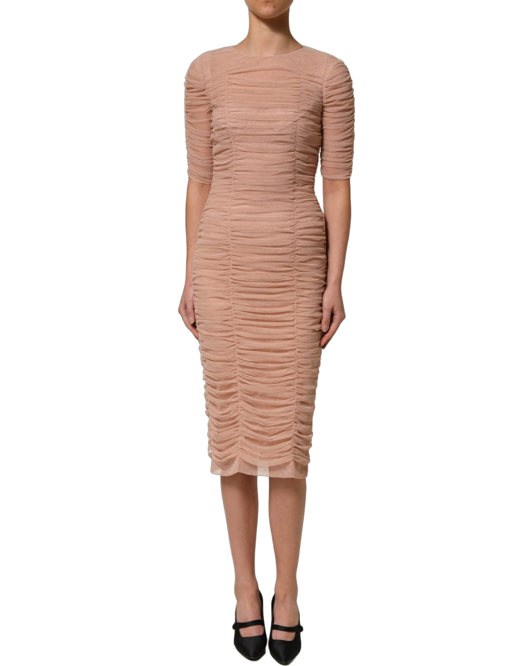 Dolce & Gabbana Beige Cotton Mesh Ruched Sheath Midi Women's Dress