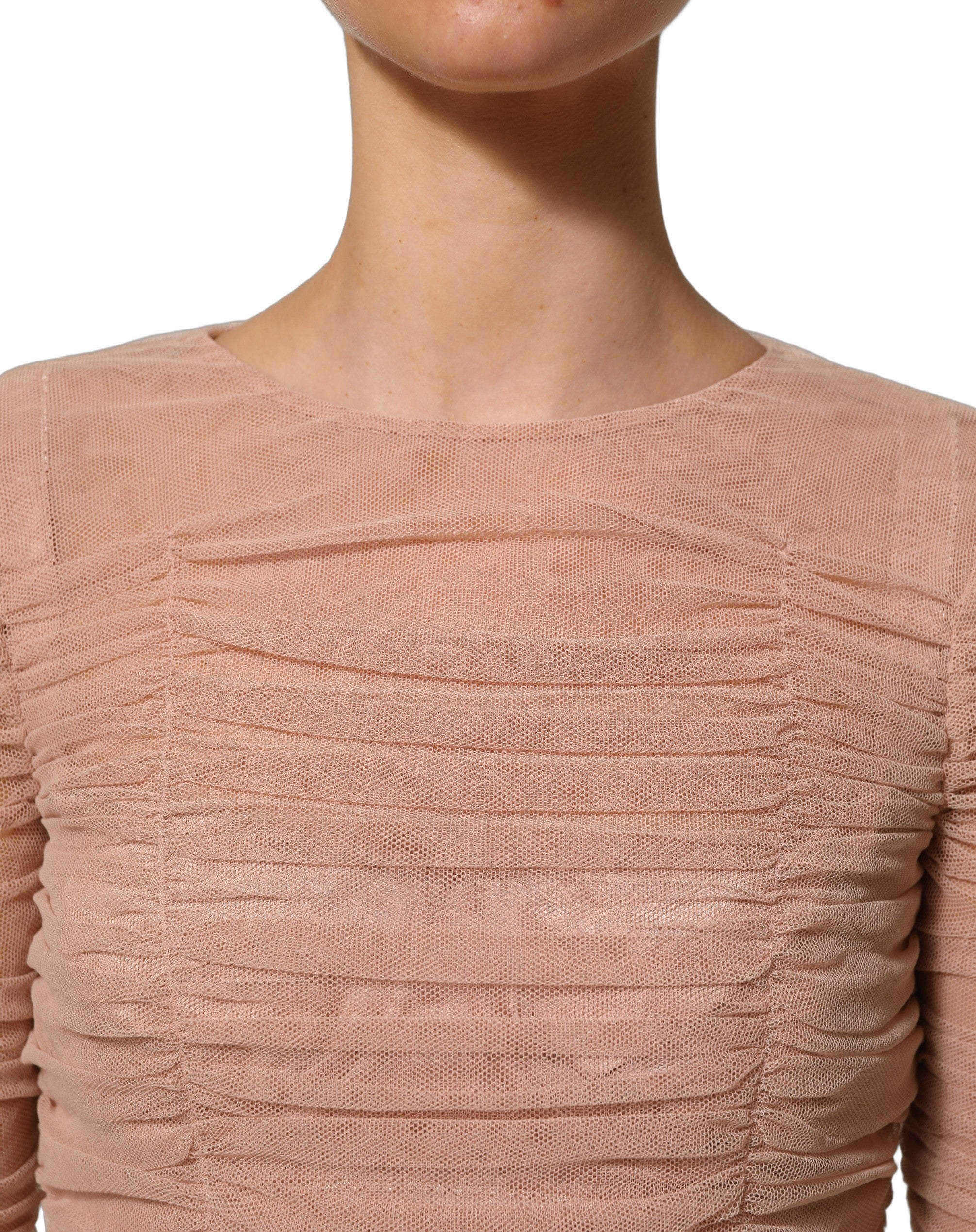 Dolce & Gabbana Beige Cotton Mesh Ruched Sheath Midi Women's Dress