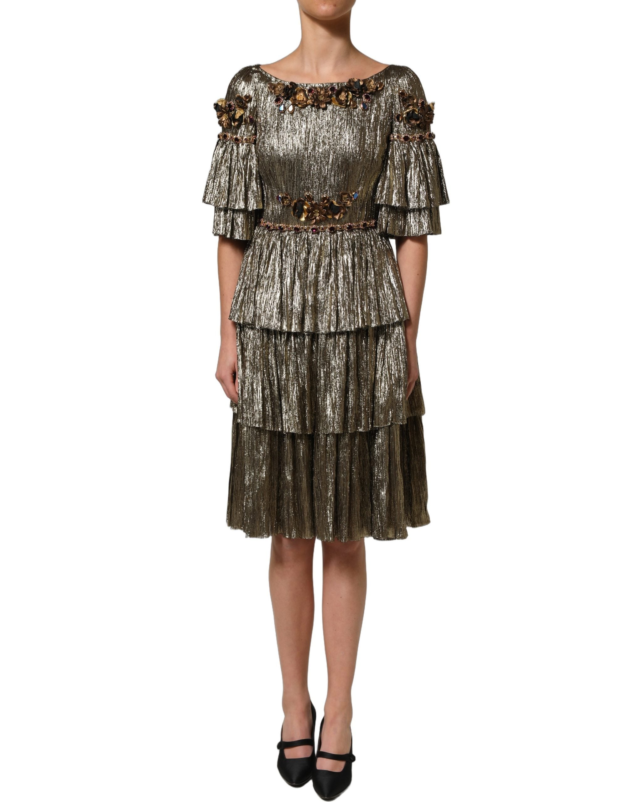 Dolce & Gabbana Metallic Gold Embellished Tiered Midi Women's Dress