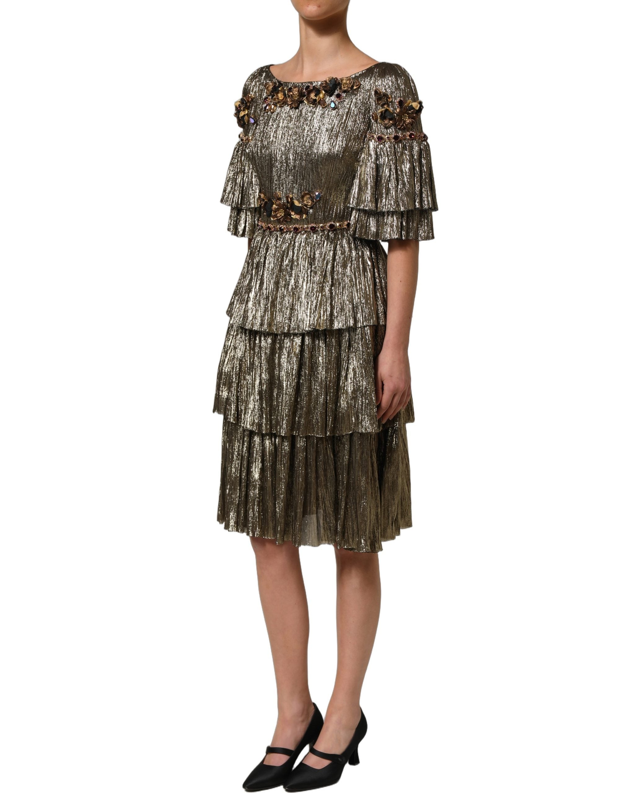 Dolce & Gabbana Metallic Gold Embellished Tiered Midi Women's Dress