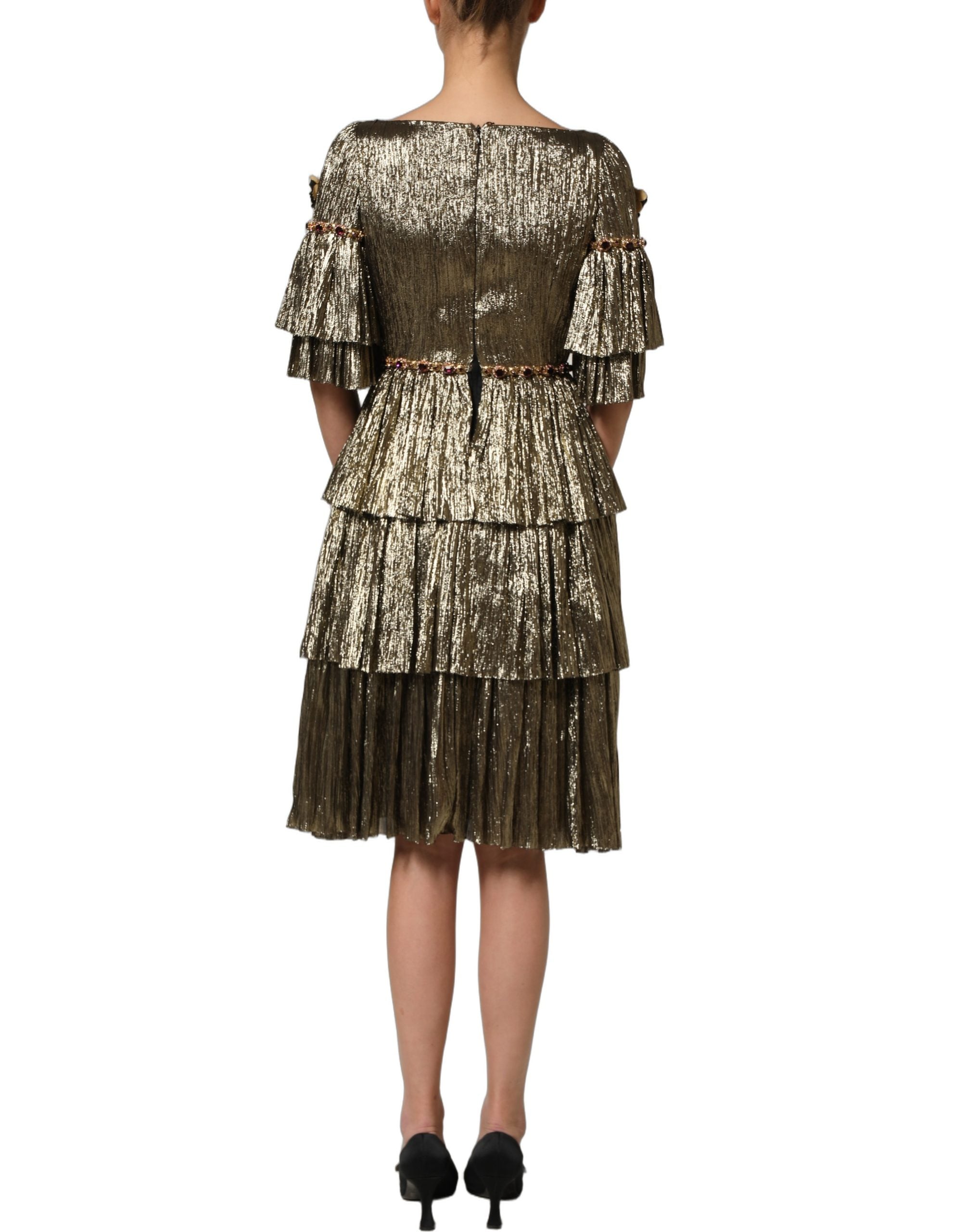 Dolce & Gabbana Metallic Gold Embellished Tiered Midi Women's Dress