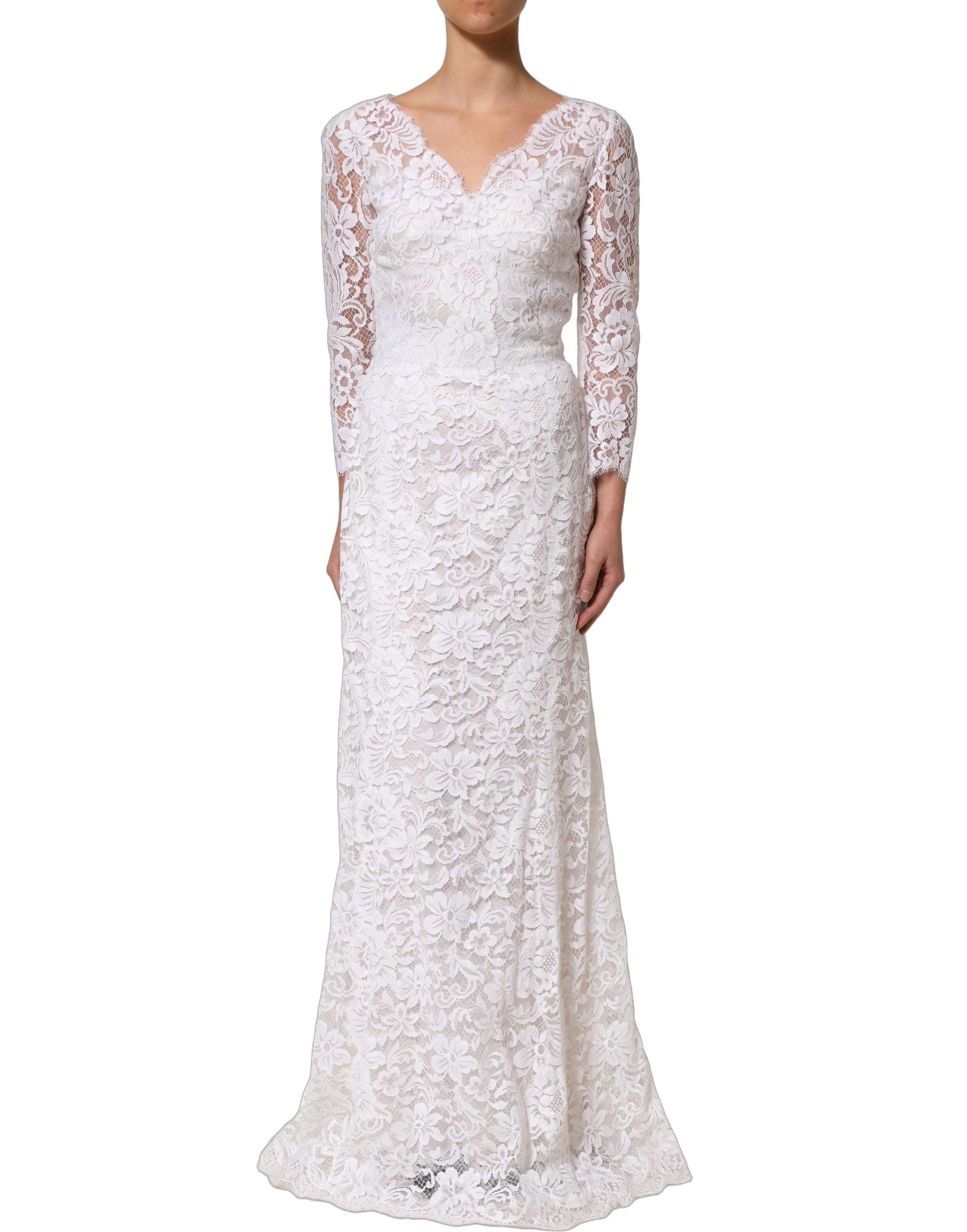 Dolce & Gabbana White Cotton Floral Lace Long Gown Women's Dress