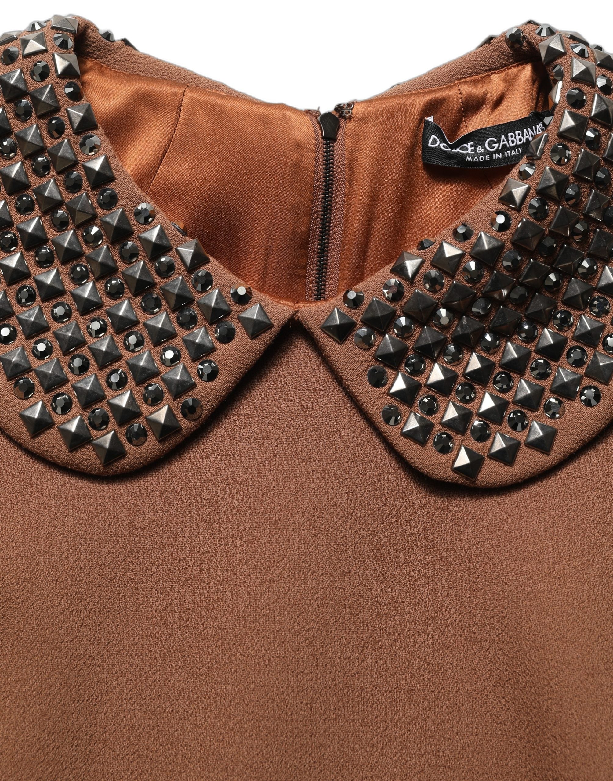 Dolce & Gabbana Brown Wool Rhinestone Embellished Midi Women's Dress