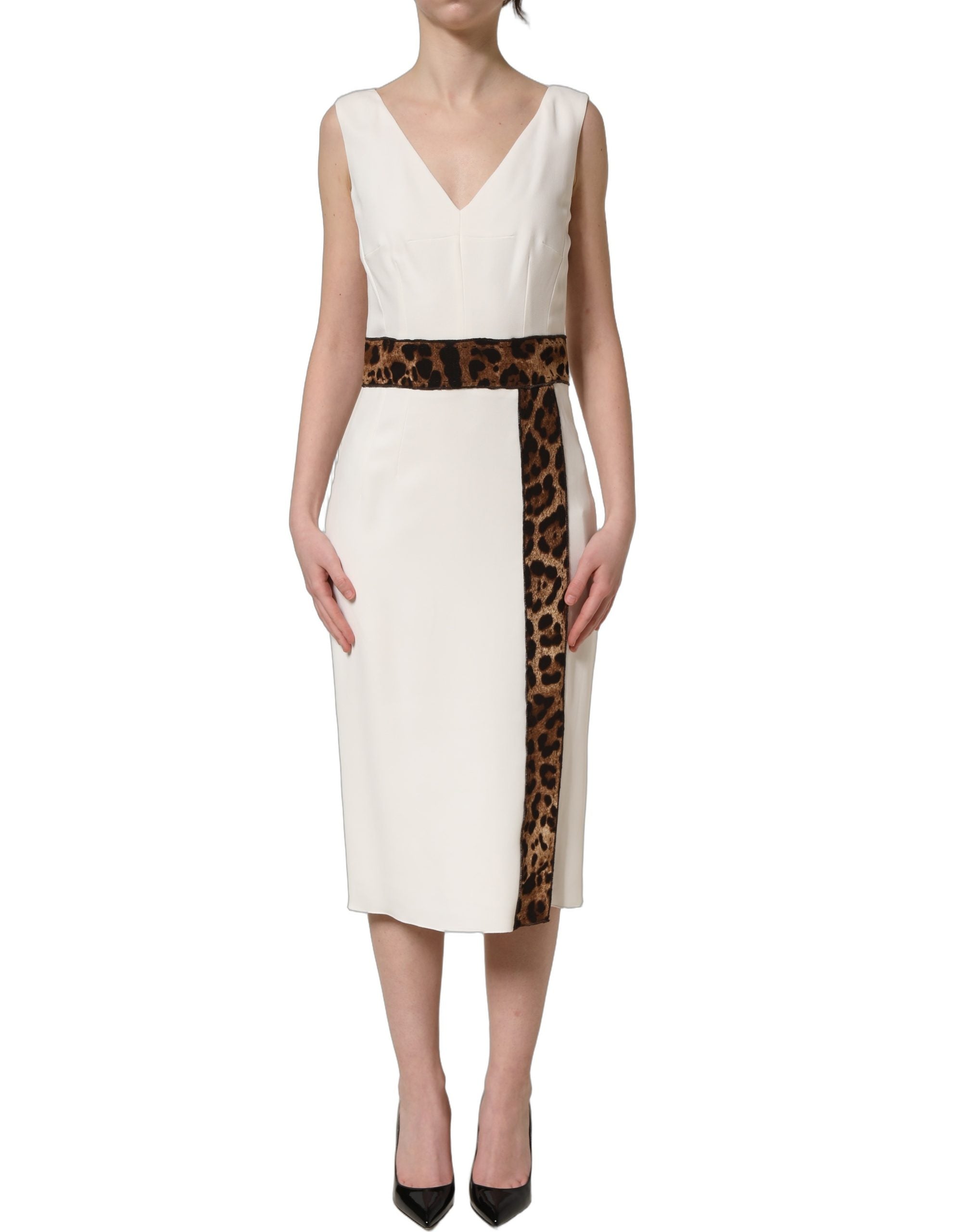 Dolce & Gabbana White Leopard Sleeveless Sheath Midi Women's Dress
