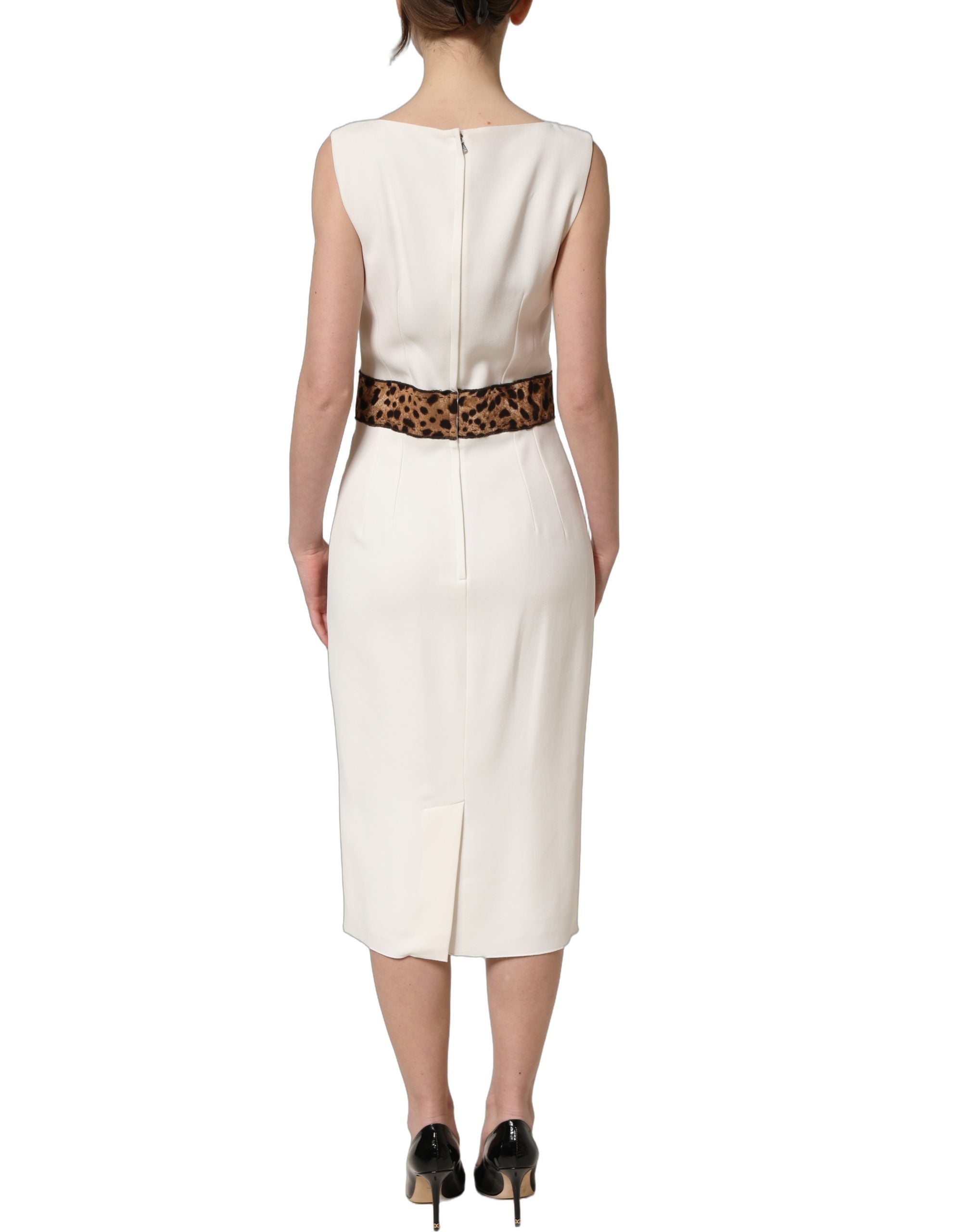 Dolce & Gabbana White Leopard Sleeveless Sheath Midi Women's Dress