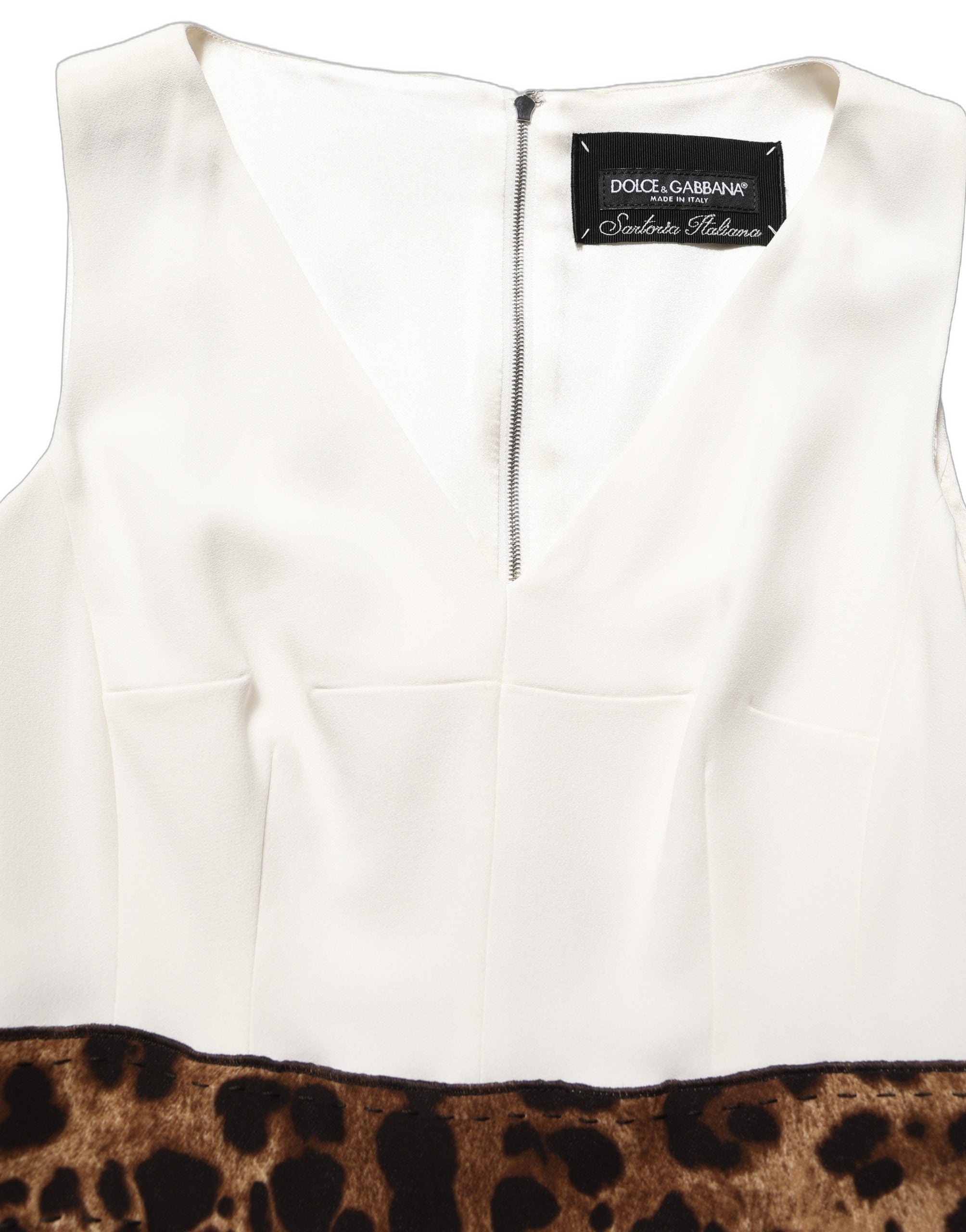 Dolce & Gabbana White Leopard Sleeveless Sheath Midi Women's Dress