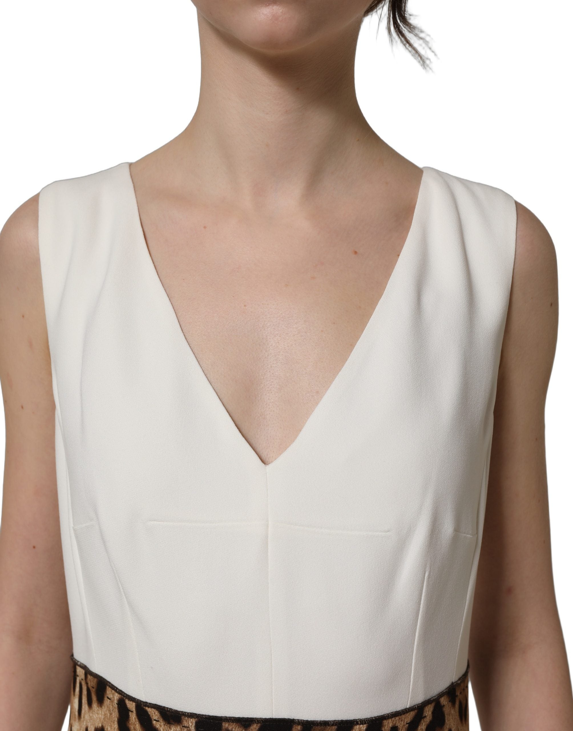 Dolce & Gabbana White Leopard Sleeveless Sheath Midi Women's Dress (Pre-Owned)