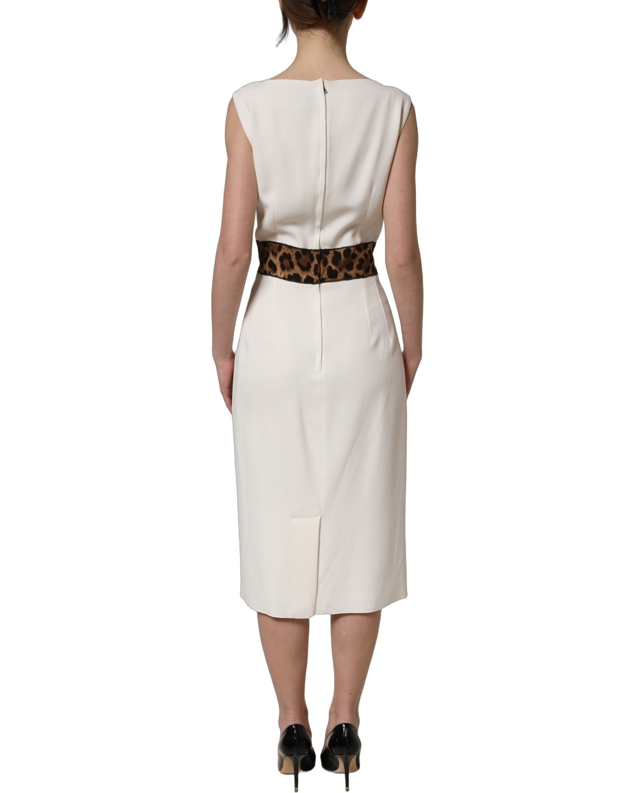 Dolce & Gabbana White Leopard Sleeveless Sheath Midi Women's Dress (Pre-Owned)