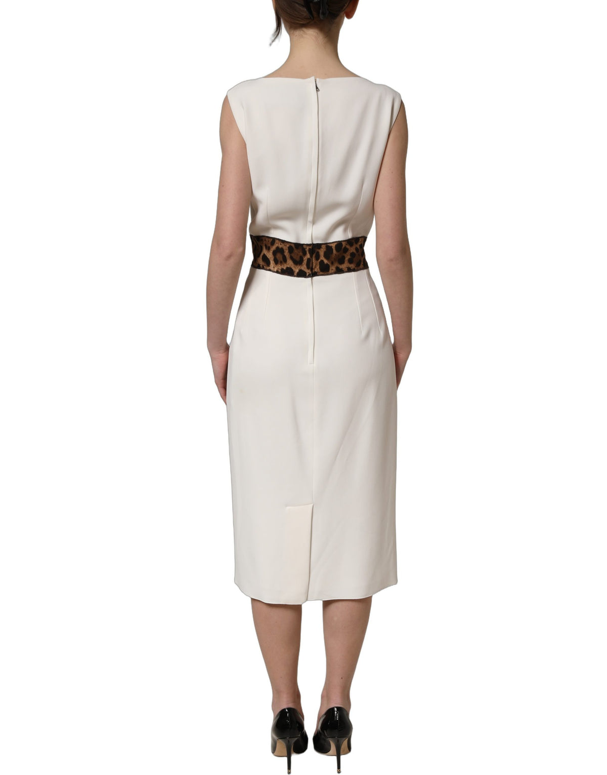 Dolce & Gabbana White Leopard Sleeveless Sheath Midi Women's Dress (Pre-Owned)