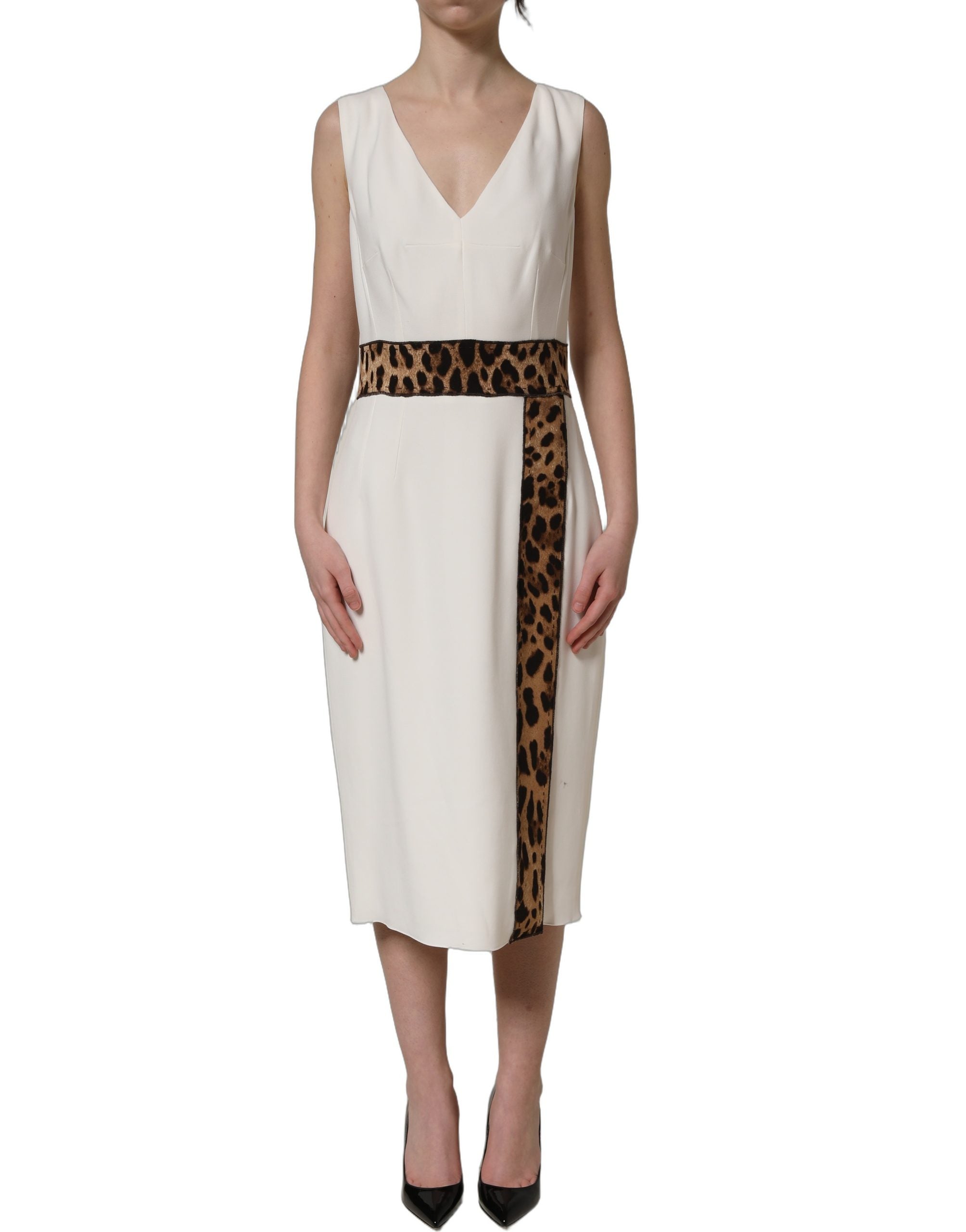 Dolce & Gabbana White Leopard Sleeveless Sheath Midi Women's Dress (Pre-Owned)