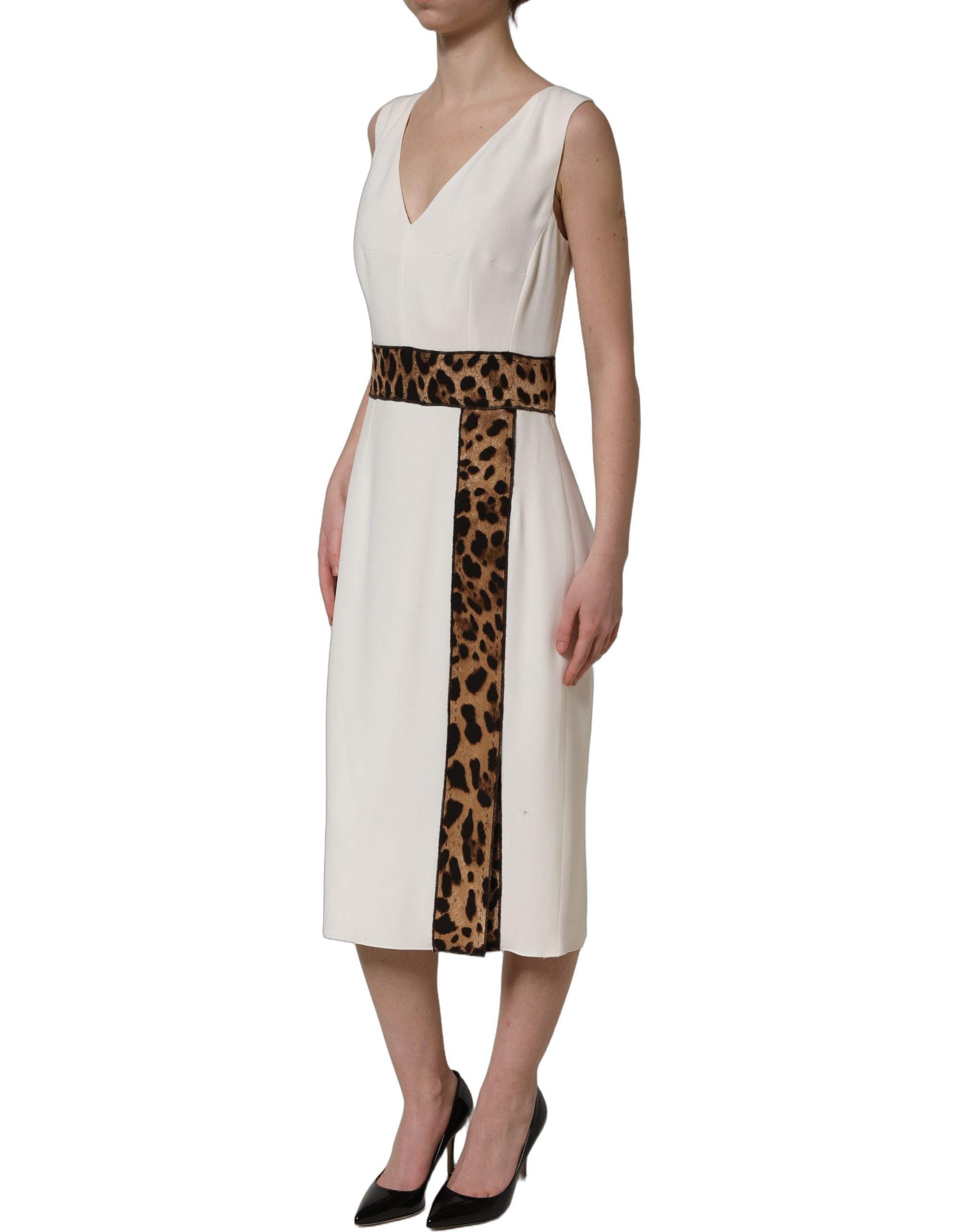 Dolce & Gabbana White Leopard Sleeveless Sheath Midi Women's Dress (Pre-Owned)