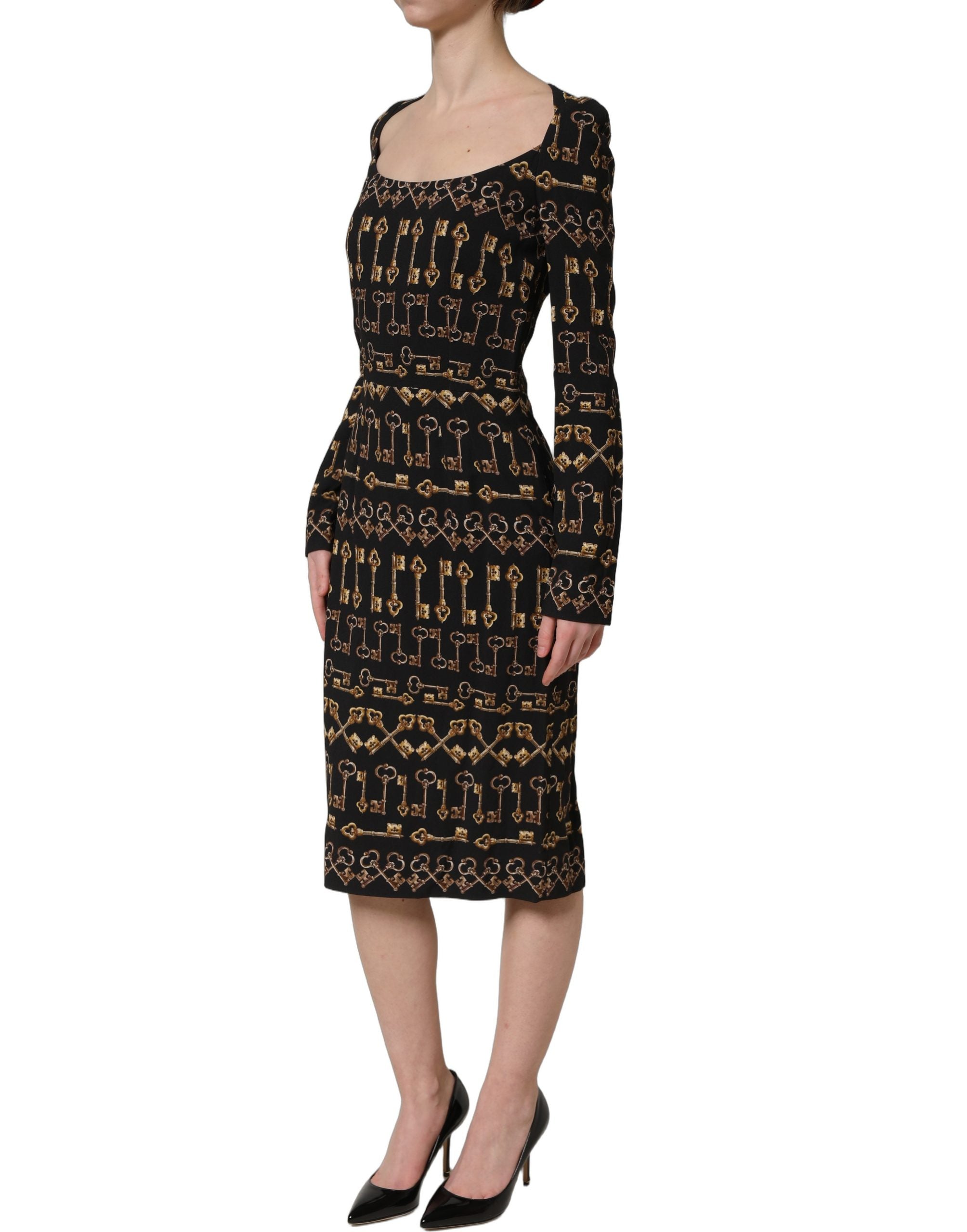 Dolce & Gabbana Black Key Print Long Sleeves Sheath Midi Women's Dress