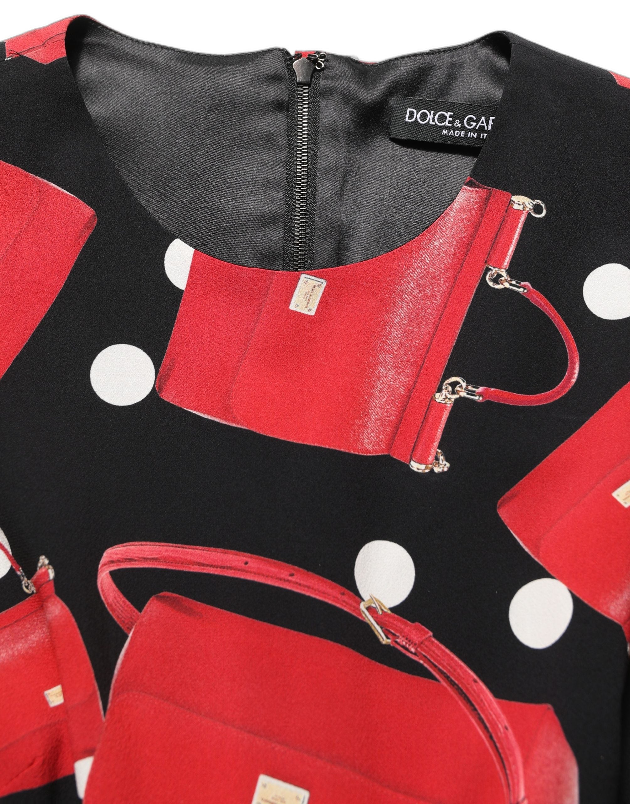 Dolce & Gabbana Black Handbag Print Long Sleeve Midi Women's Dress