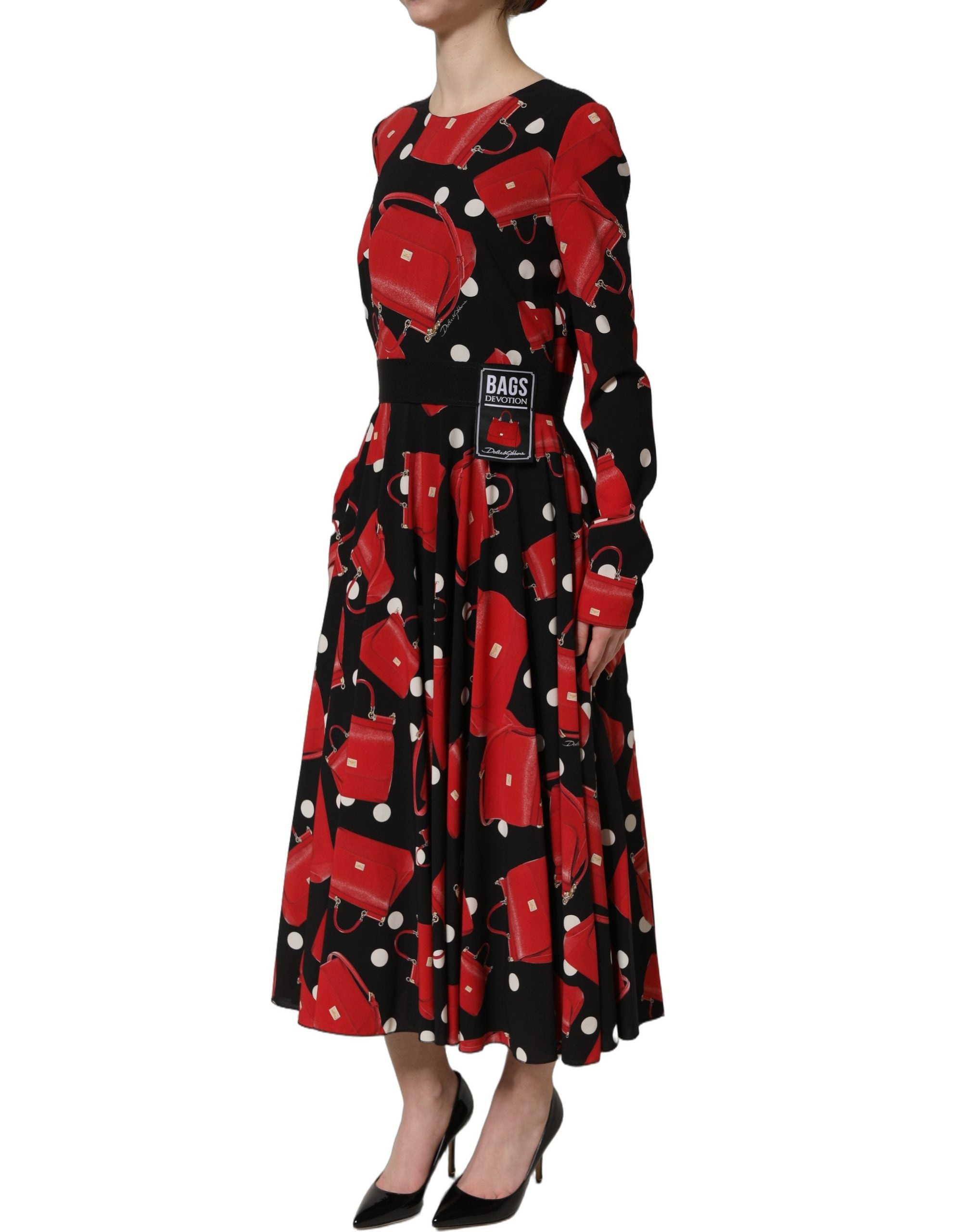 Dolce & Gabbana Black Handbag Print Long Sleeve Midi Women's Dress