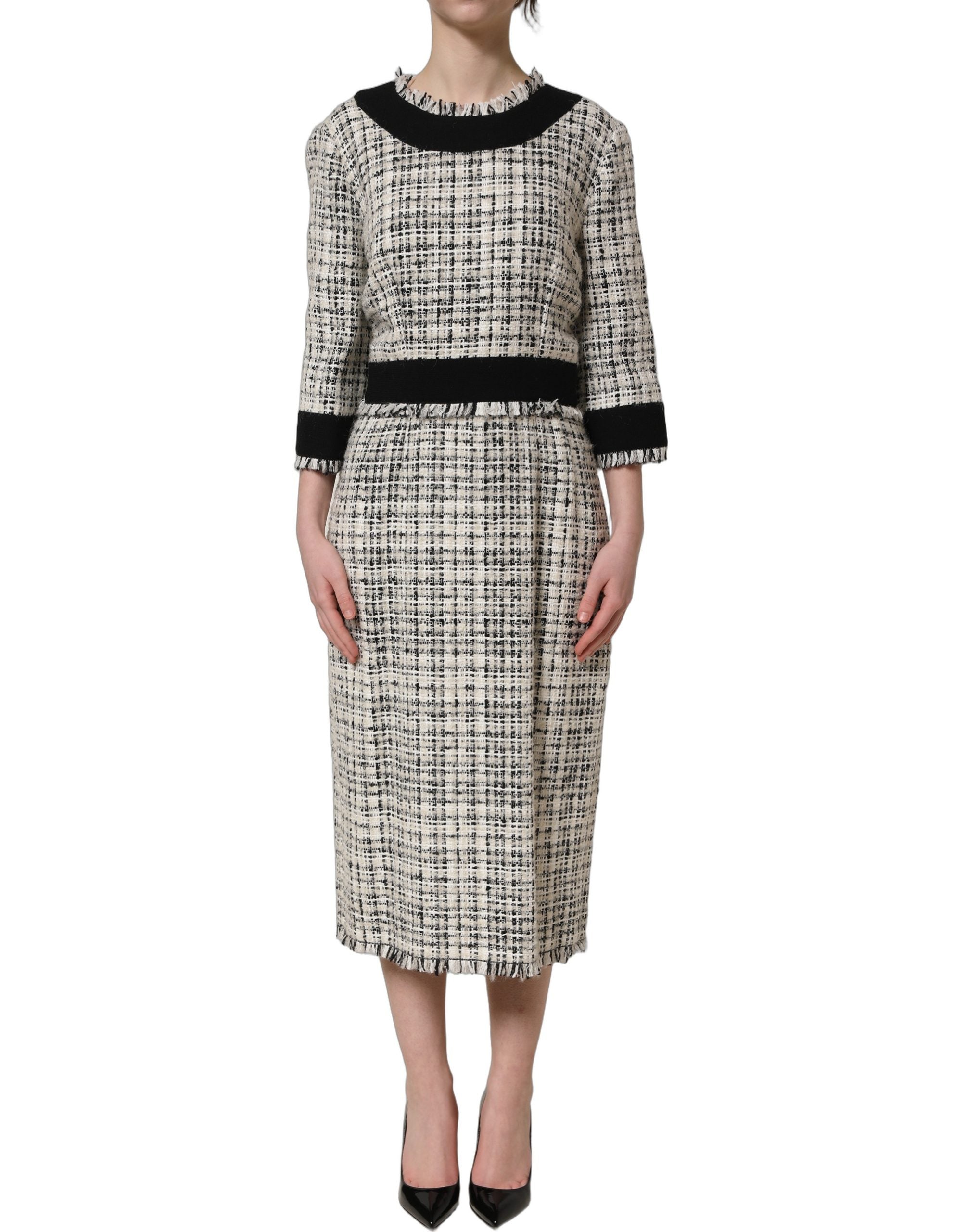 Dolce & Gabbana Multicolor Bouclé Tweed Frayed Trim Midi Women's Dress