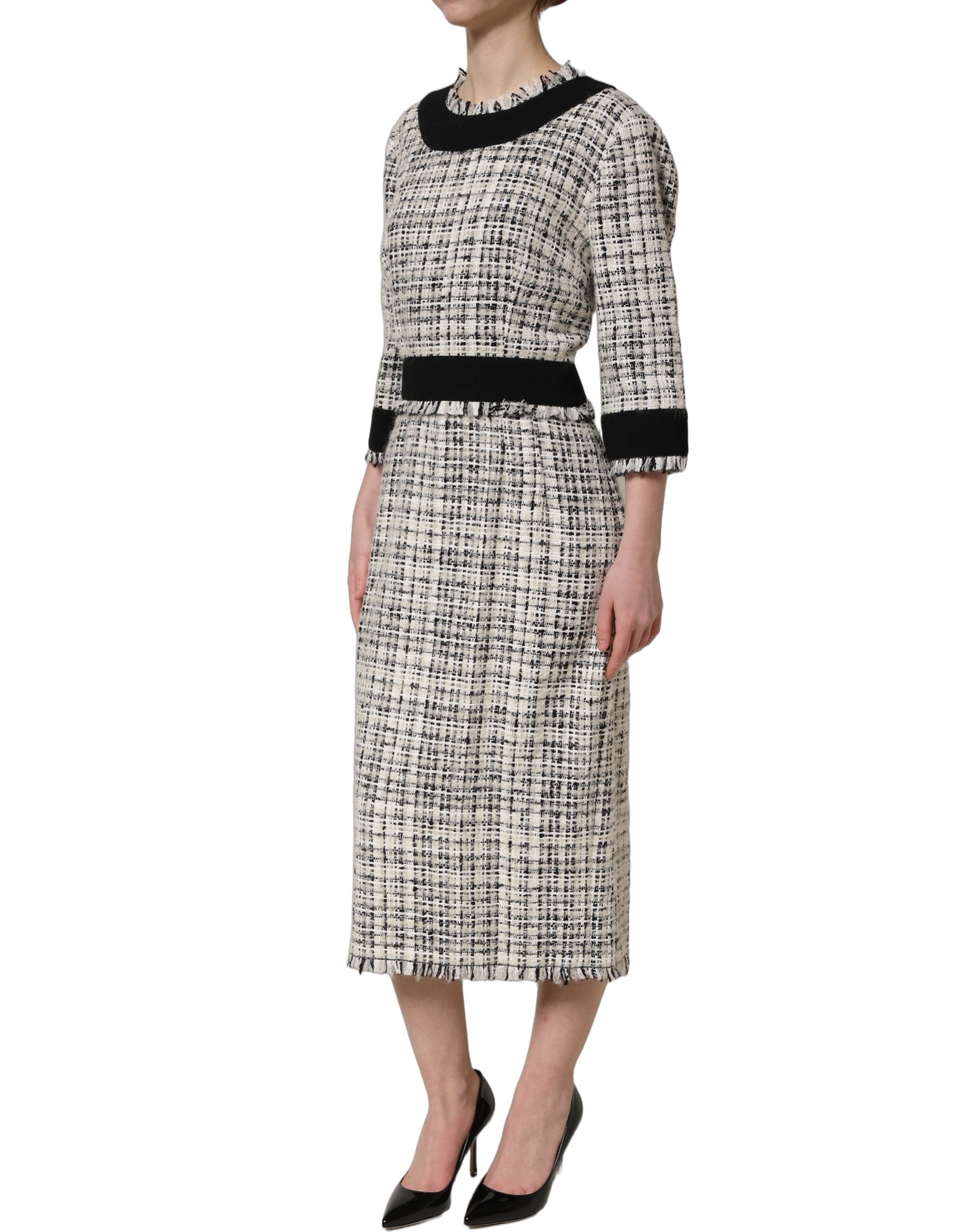 Dolce & Gabbana Multicolor Bouclé Tweed Frayed Trim Midi Women's Dress