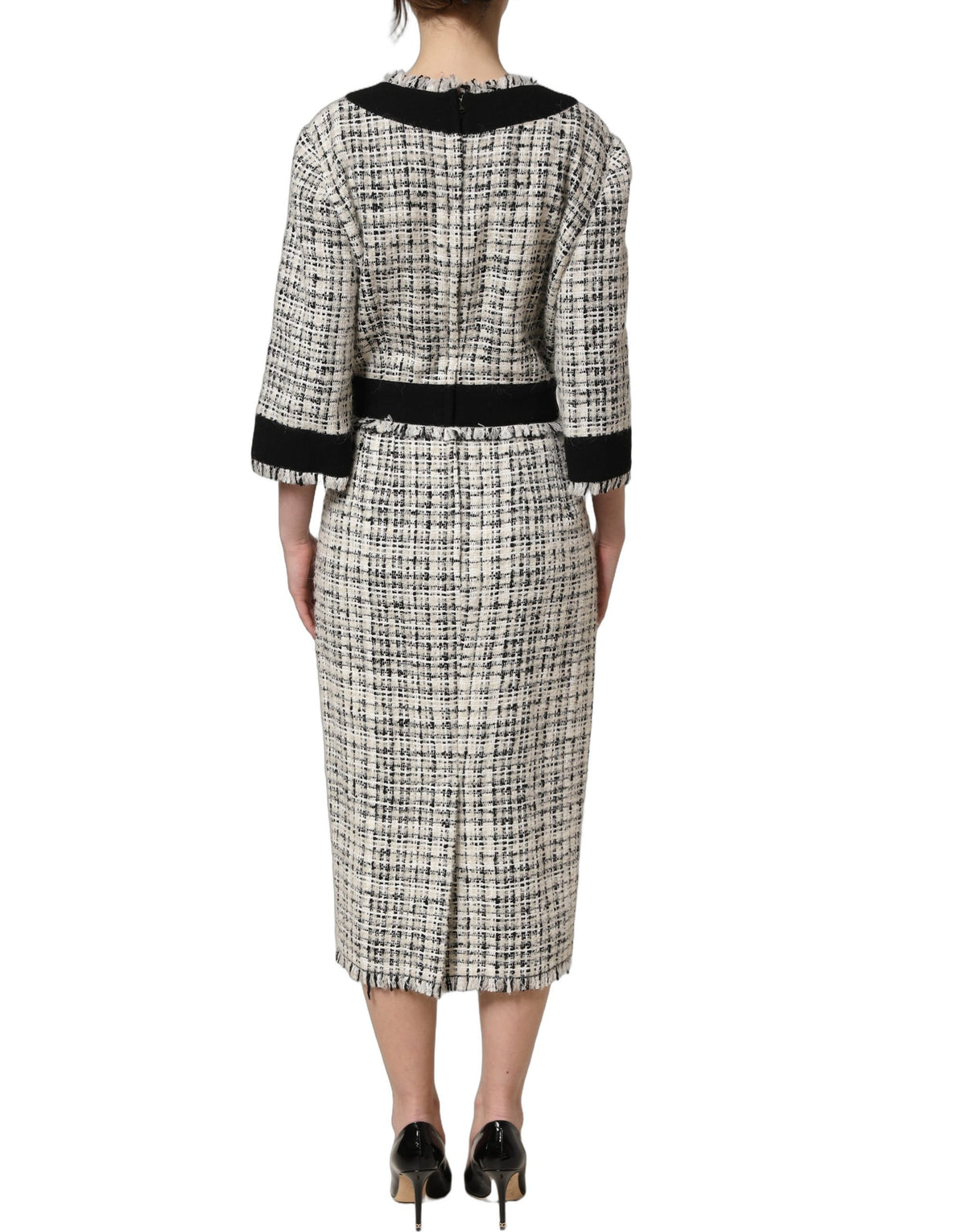Dolce & Gabbana Multicolor Bouclé Tweed Frayed Trim Midi Women's Dress