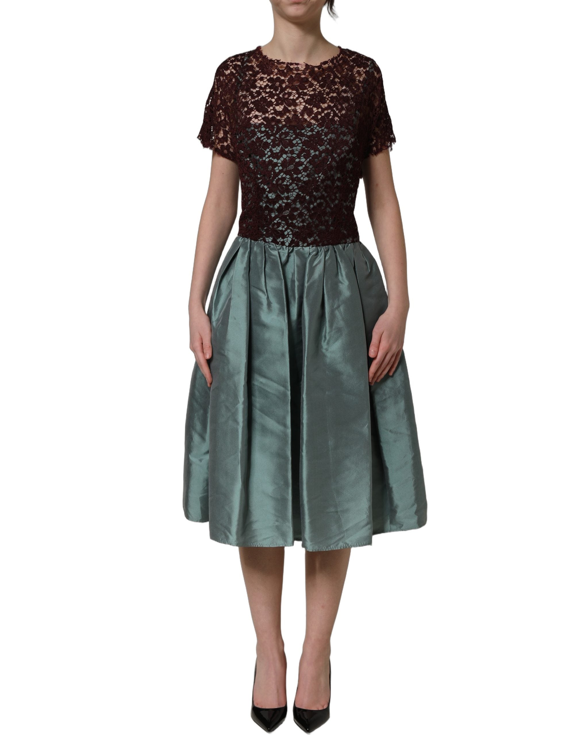 Dolce & Gabbana Multicolor Floral Lace Taffeta Pleated Midi Women's Dress