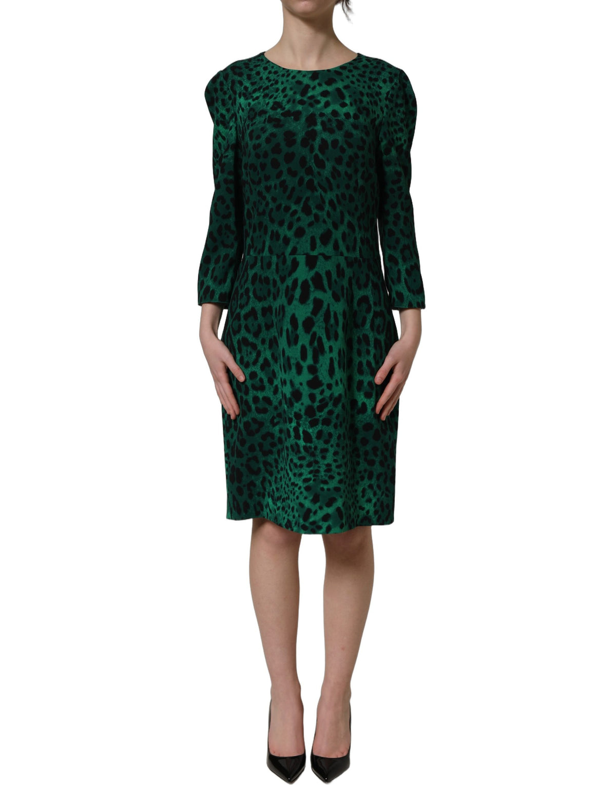 Dolce & Gabbana Green Leopard Print Silk Knee Length Women's Dress