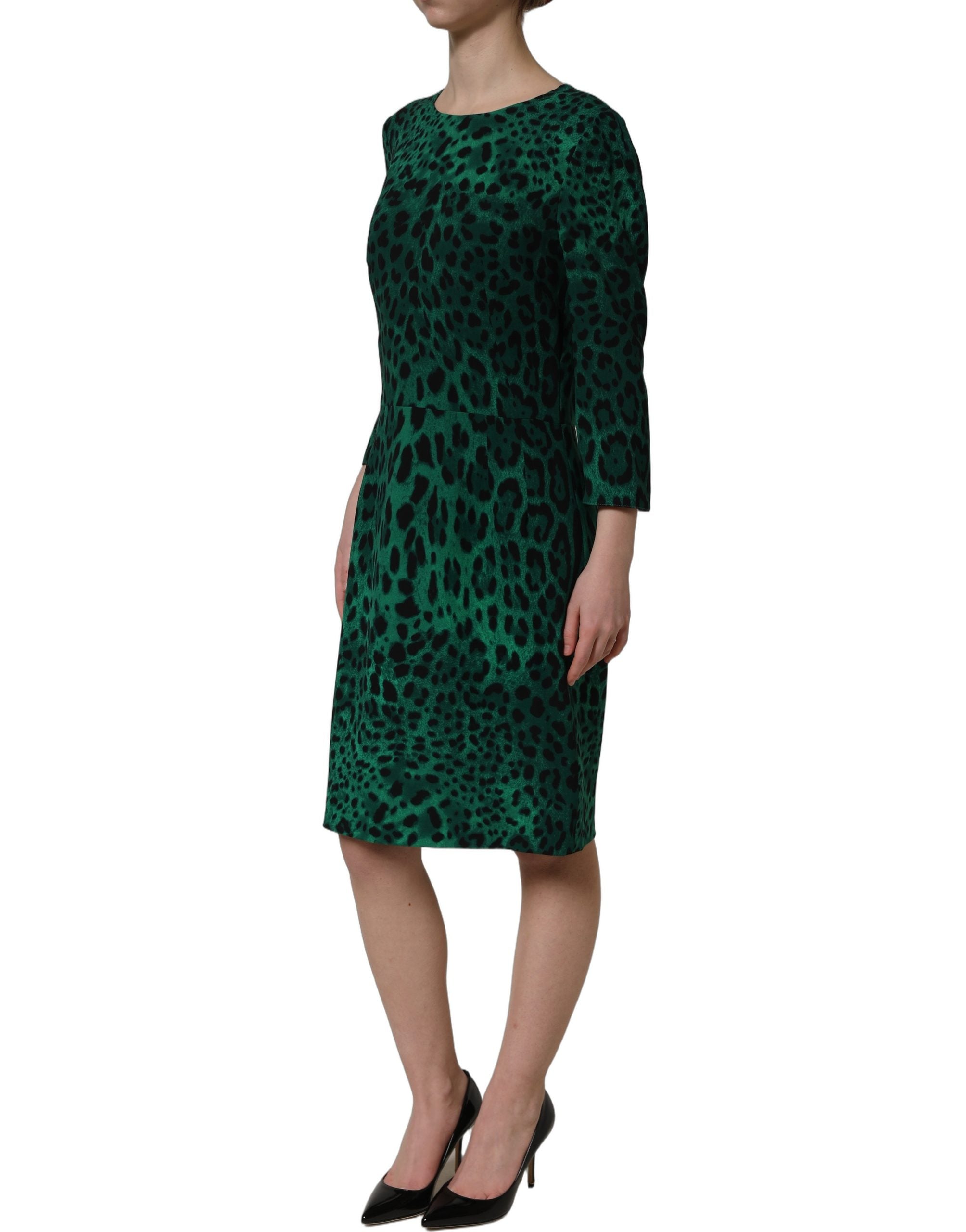 Dolce & Gabbana Green Leopard Print Silk Knee Length Women's Dress