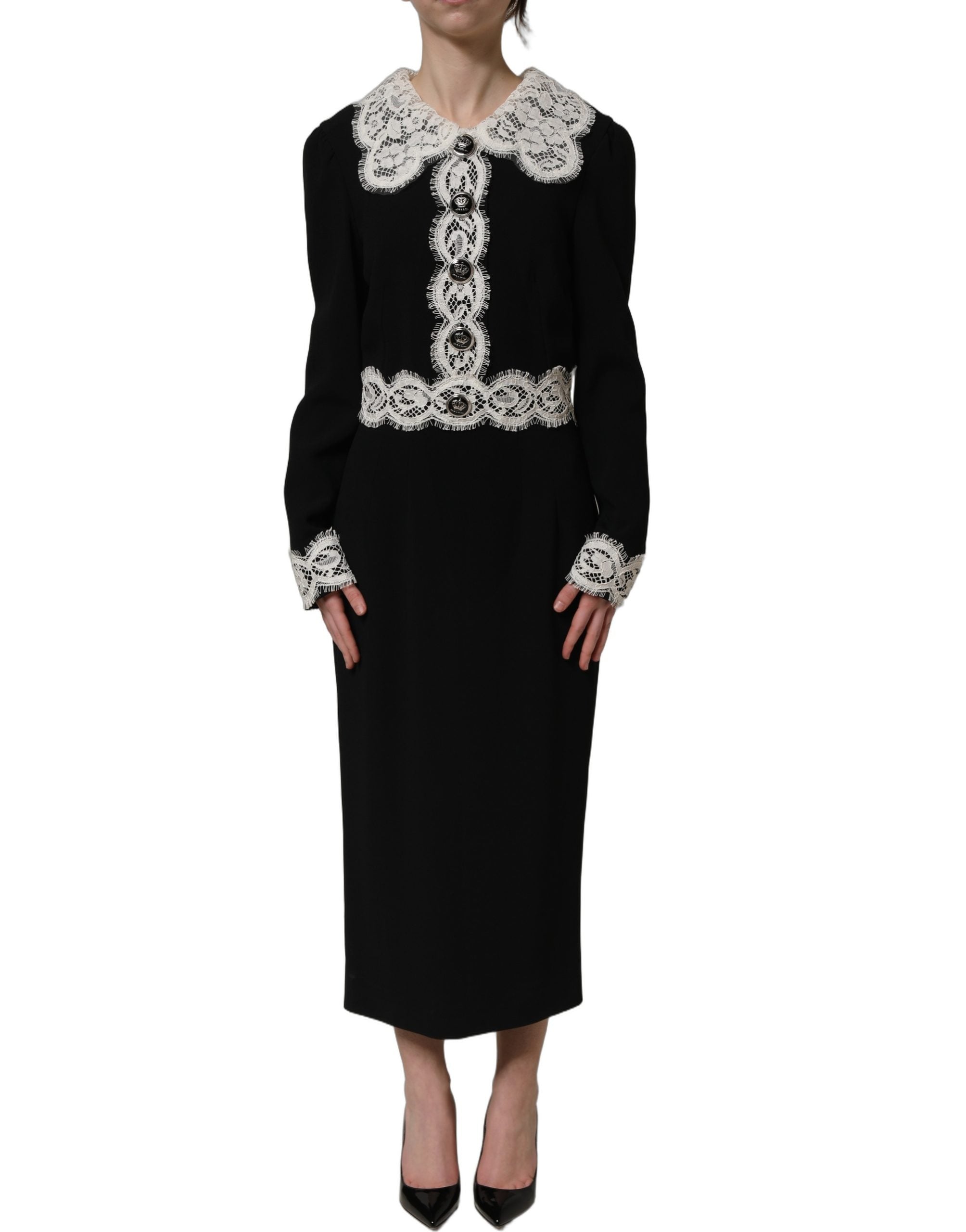 Dolce & Gabbana Black Lace Detailing Long Sleeves Midi Women's Dress