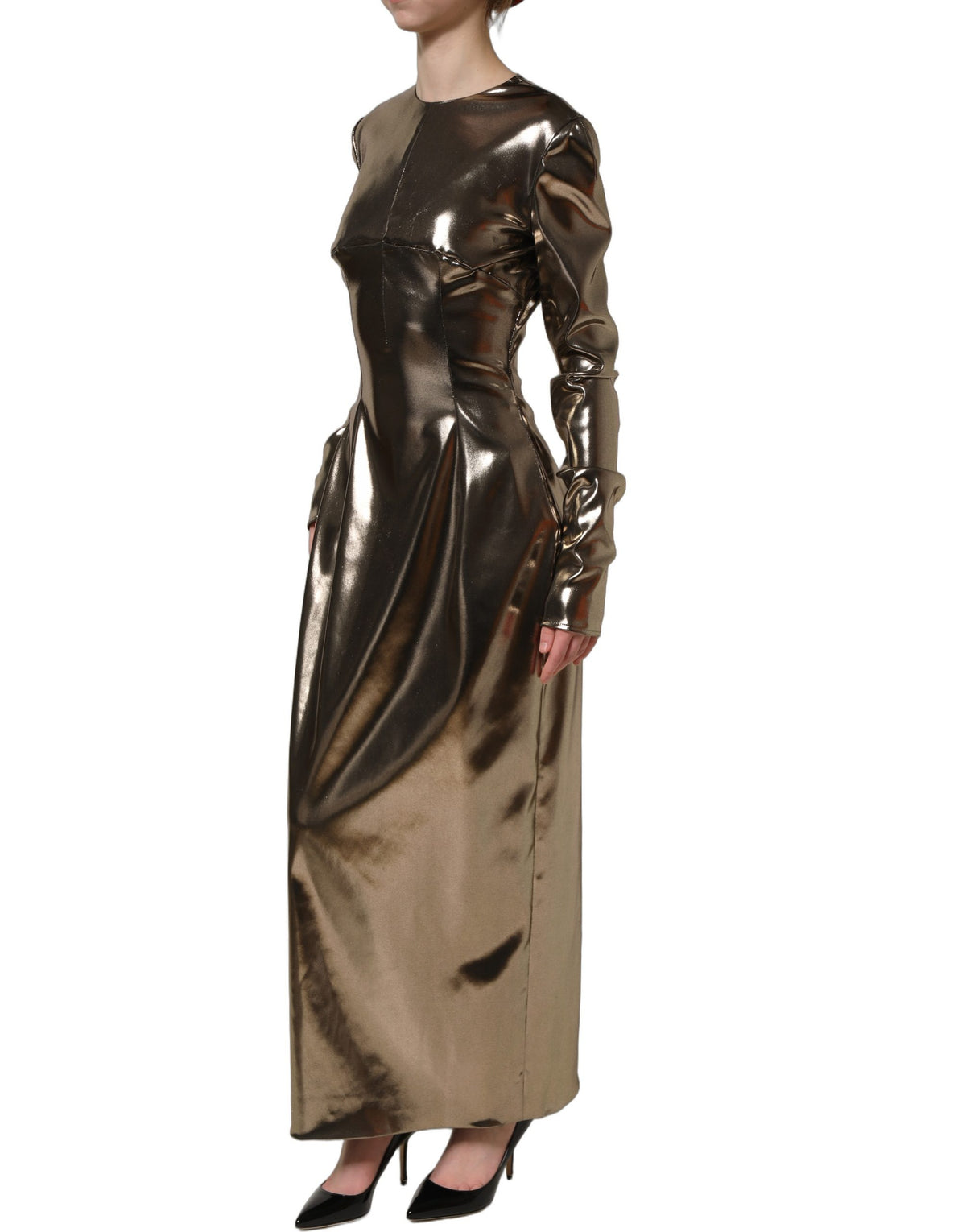 Dolce & Gabbana Metallic Gold Polyester LongSleeve Maxi Women's Dress